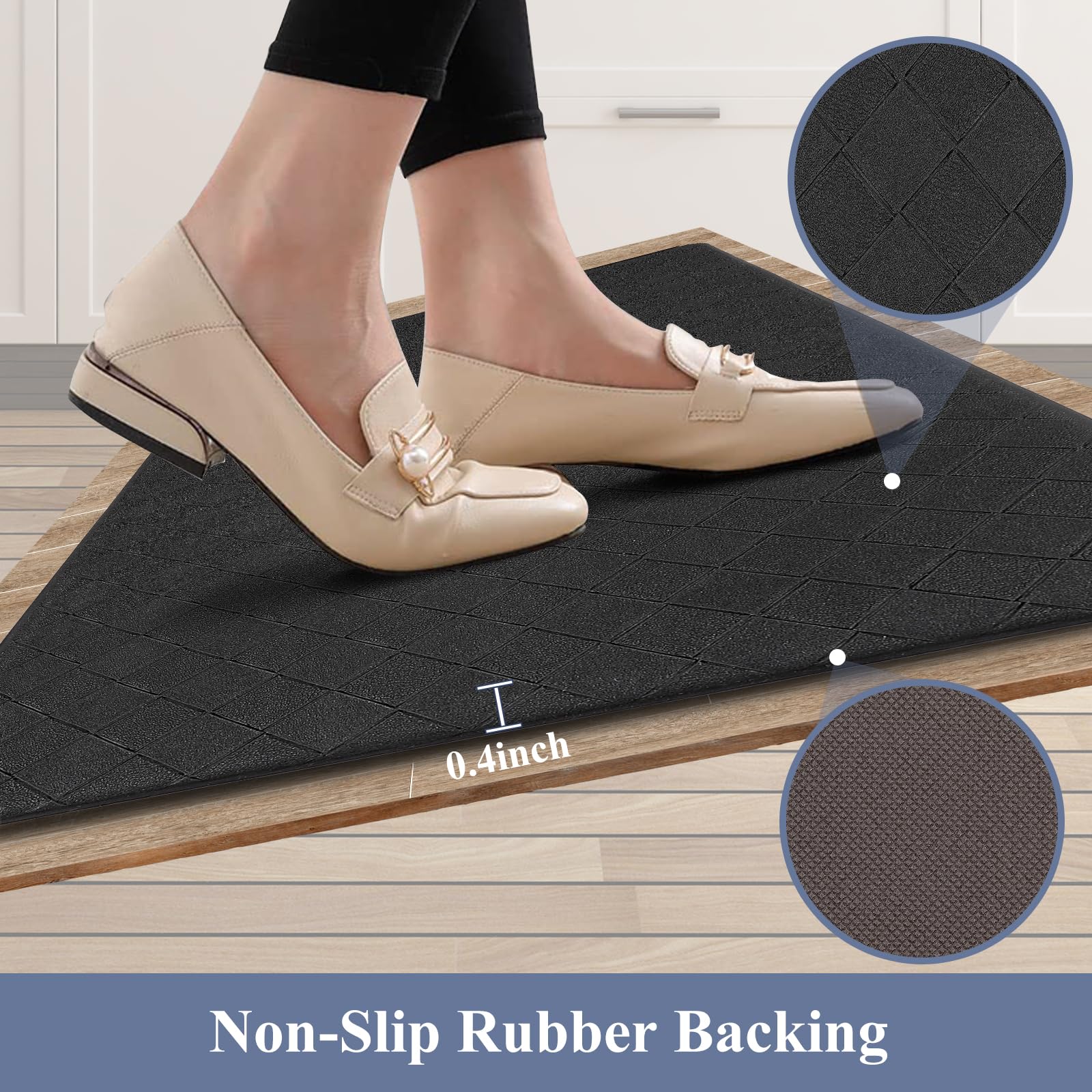 HEBE Anti-Fatigue Kitchen Floor Mats Set of 3 - Non-Slip Cushioned Standing Mats, Waterproof Kitchen Rugs for Sink, Laundry & Office - Comfortable Home & Workspace Flooring Solution for Long Standing