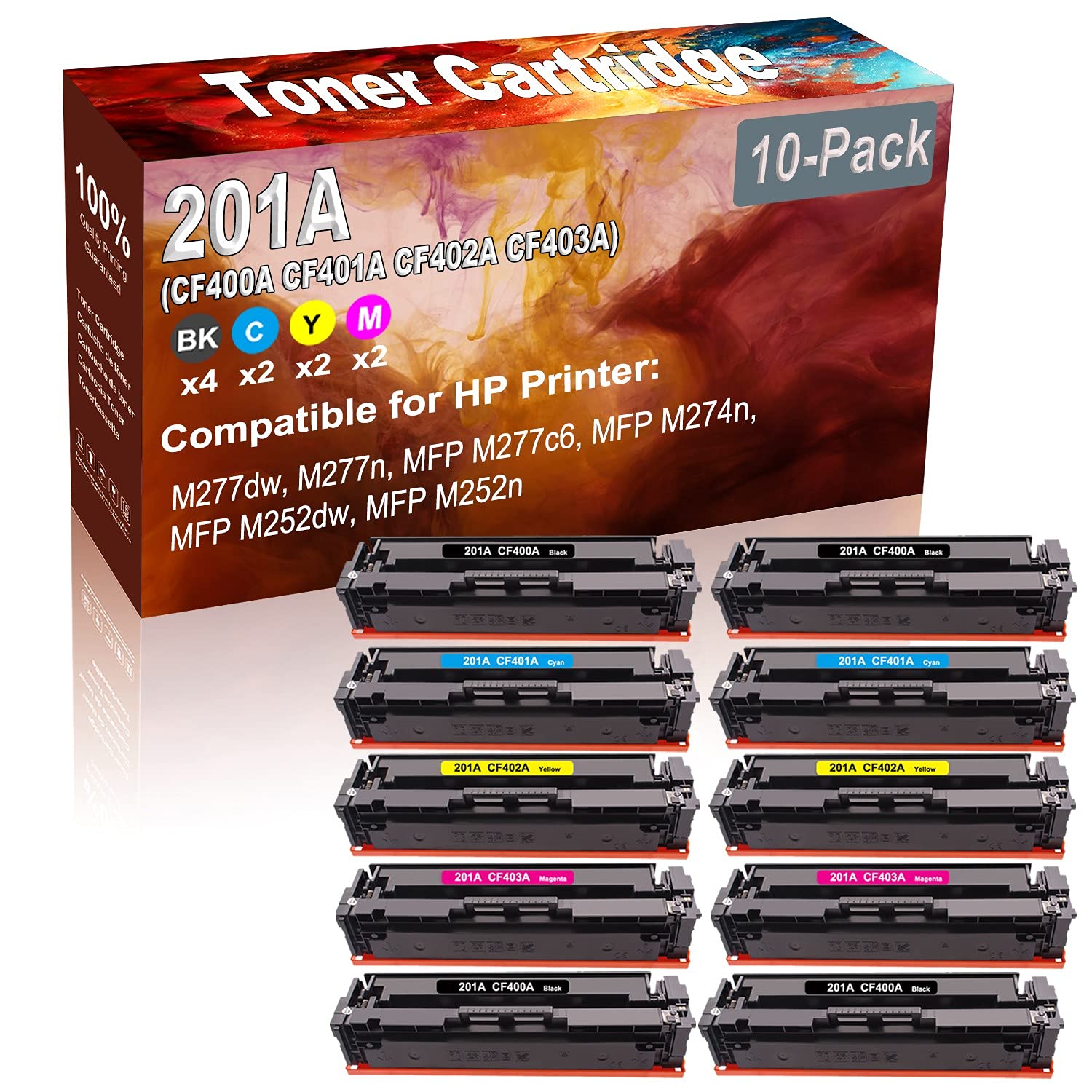 10-Pack (4BK+2C+2Y+2M) High Capacity Compatible Toner Cartridge for HP M277dw/M277n Laser Printers - Replacement for HP 201A (CF400A/CF401A/CF402A/CF403A) - Perfect for Office & Home Printing Needs