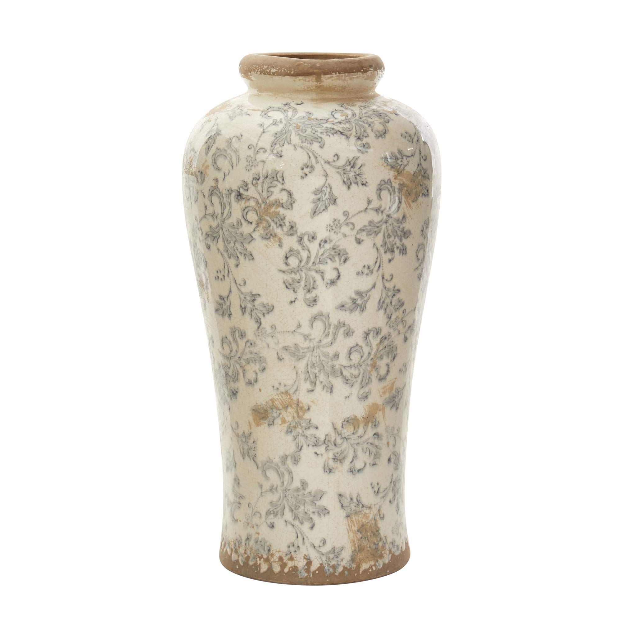 Nearly Natural 16 Inch Tuscan Ceramic Floral Scroll Urn Vase - Elegant Home Decor for Living Room, Dining Table, or Outdoor Garden Arrangements