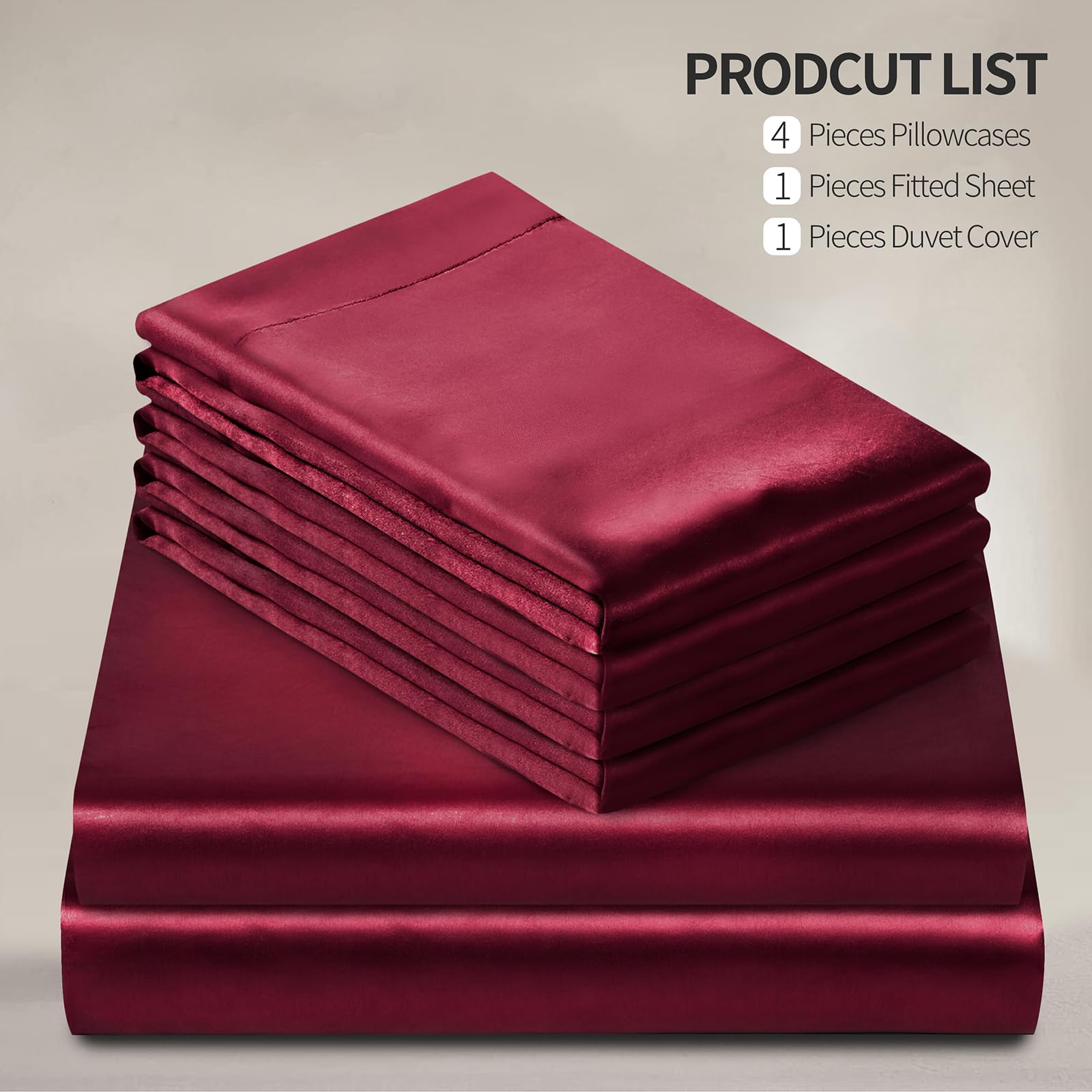6Pcs Maroon Satin Duvet Cover Set Queen Size - Soft Cooling Comforter Cover with Fitted Sheet & Pillowcases for Luxurious Bedroom Decor