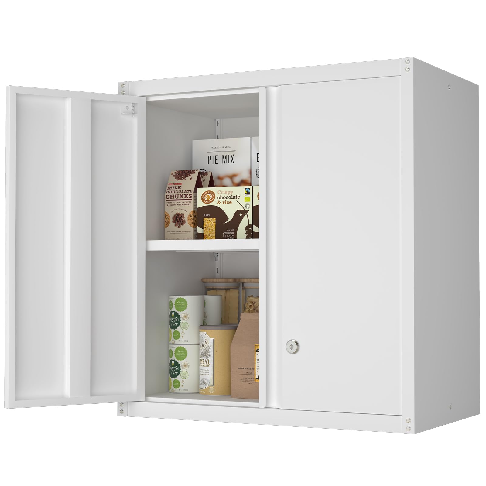 White Metal Wall Cabinet - 2 Door Steel Storage Hanging Cabinet for Office, Home, Kitchen & Bathroom - Durable Wall Mounted Organizer for Shelves, Towels & Supplies