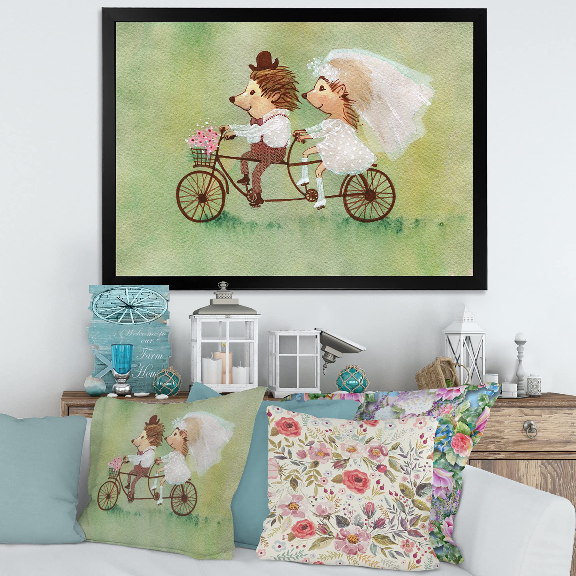 Hedgehog Couple Riding Bike - Traditional Framed Wall Art Decor for Living Room, Bedroom & Office