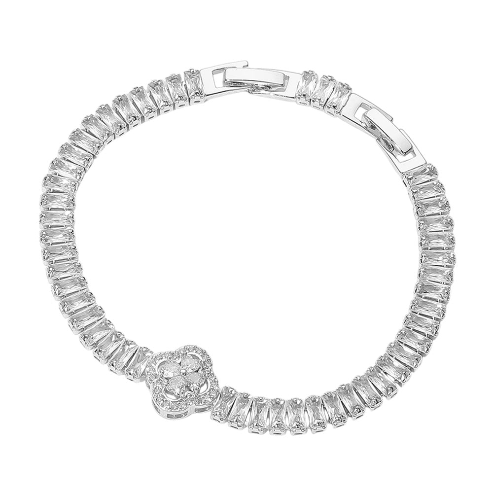 Elegant Paved Quatrefoil Pointed Gold Baguette Cluster Tennis Chain Bracelet for Women - Perfect for Parties, Weddings & Special Occasions