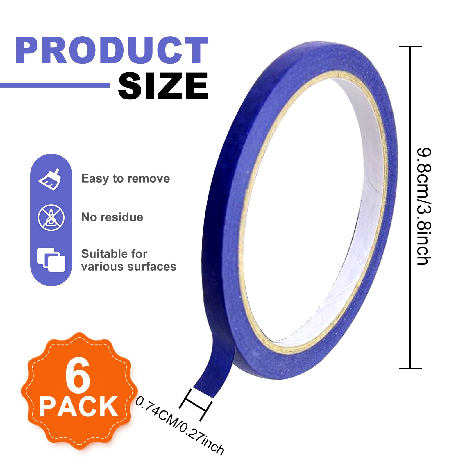 6 Pack 0.27 Inch Blue Painters Tape - Easy Removal Thin Narrow Finishing Masking Tape for Walls, Wood, Furniture - No Residue & Strong Adhesive (132 Yards) - Perfect for Home DIY, Painting Projects & Crafts