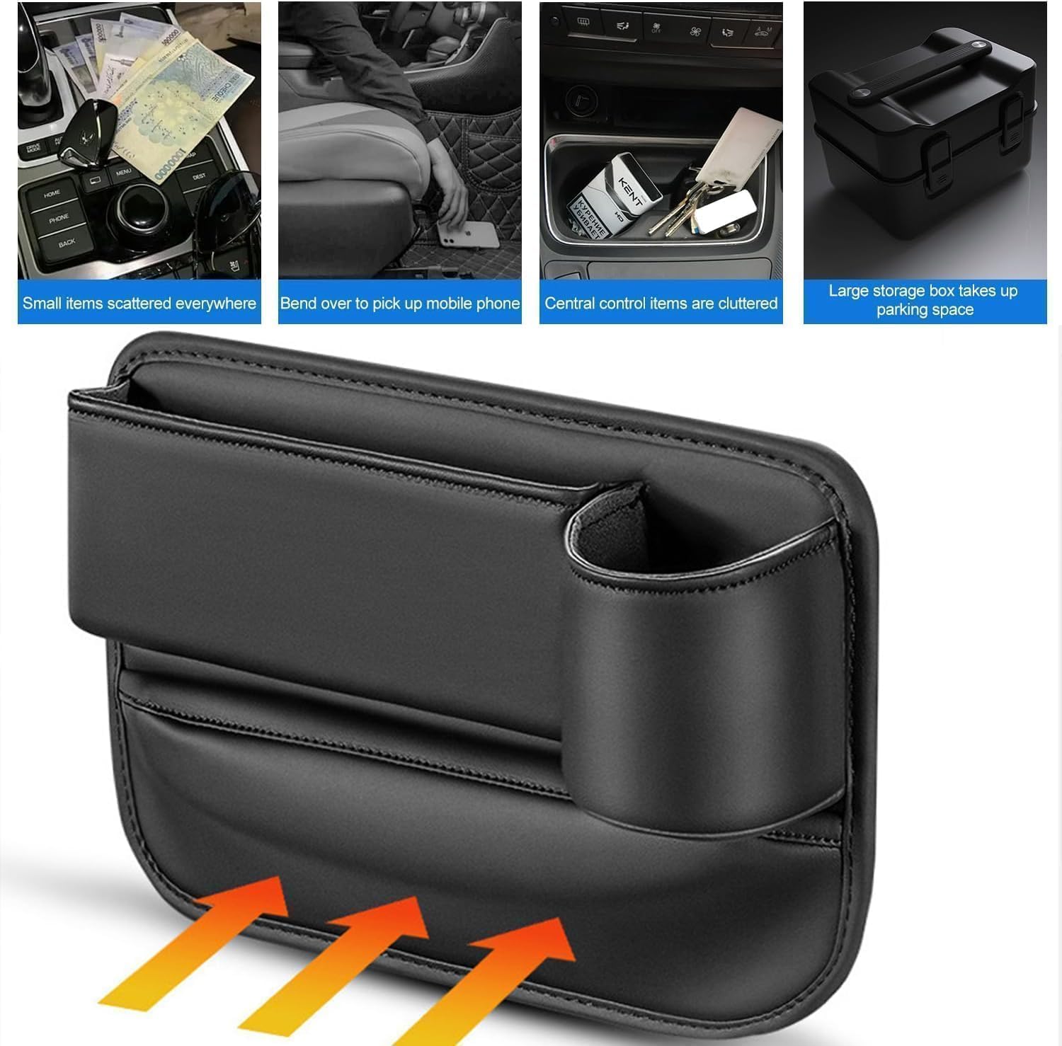 2 Pack Car Leather Cup Holder Gap Organizer - Black Seat Gap Filler Storage Box for Driver & Passenger | Perfect for Phones, Keys, Wallets & Small Items | Ideal for Sedans, SUVs & Trucks