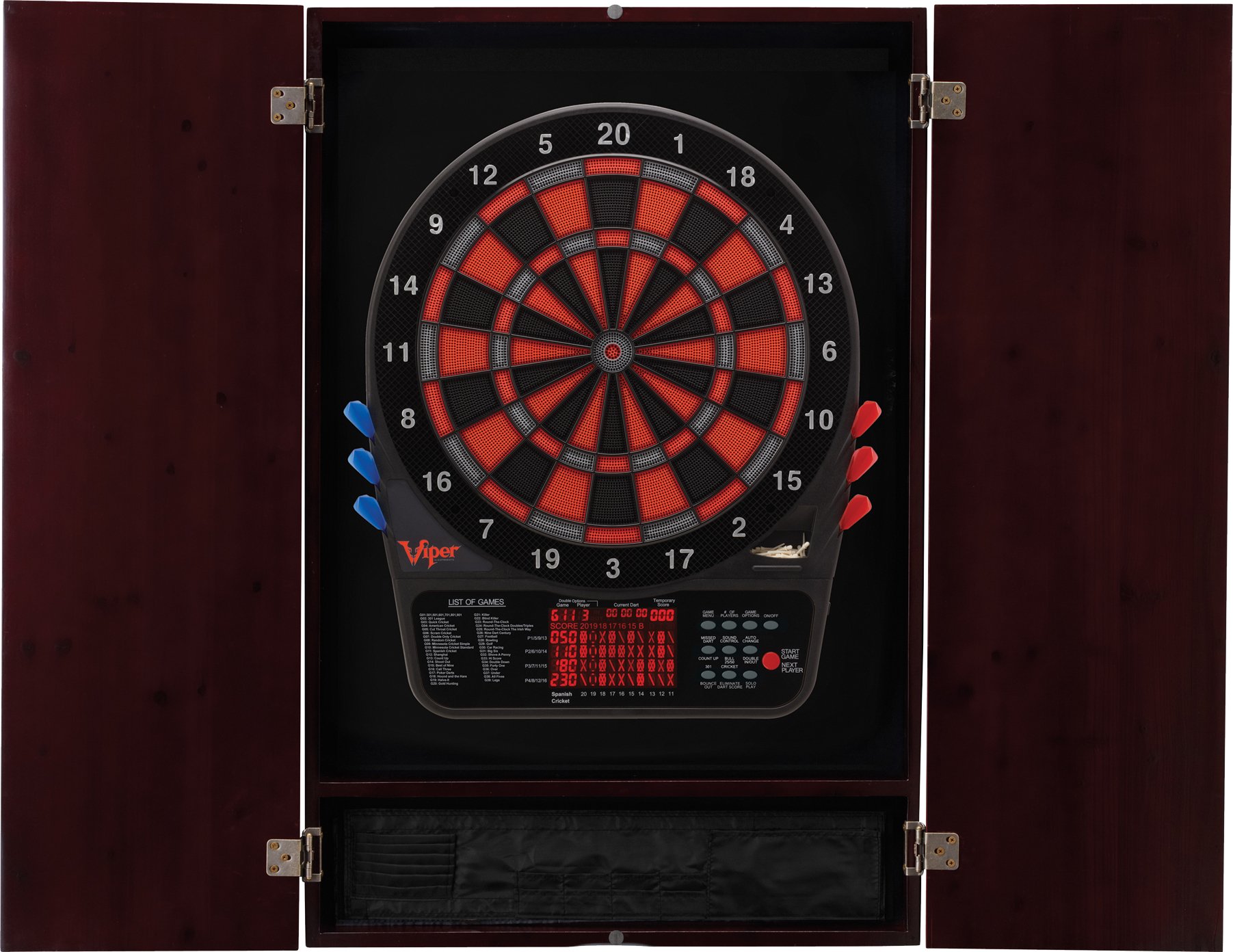 Premium Viper Metropolitan Solid Wood Dartboard Cabinet with Electronic Dartboard - Ready-to-Play Bundle Includes 2 Sets of Soft-Tip Darts & Integrated Storage - Multiple Stain Options for Home Game Rooms, Bars, and Man Caves