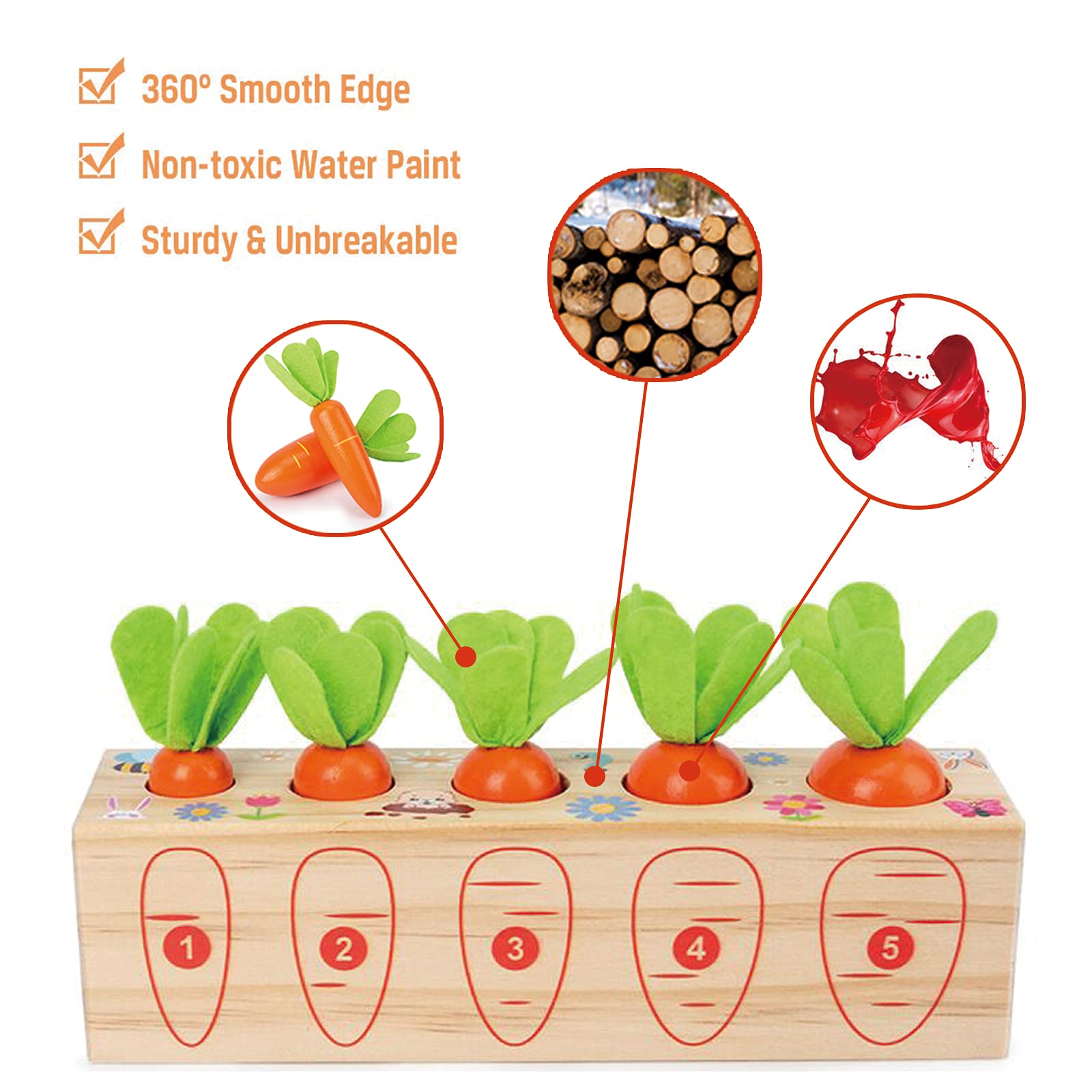 Montessori Wooden Carrot Shape Sorting & Matching Game - Fine Motor Skills Learning Toy for Toddlers 1-3 Years Old | Preschool Educational Gift for Boys & Girls | Perfect for Classroom, Daycare & Homeschooling Activities