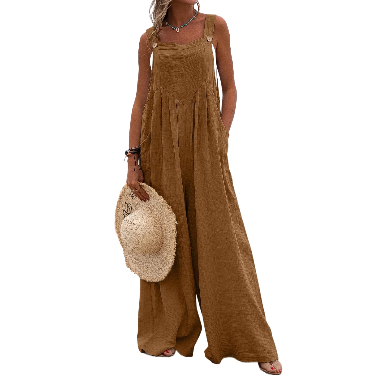 Women's Plus Size Casual Overalls Jumpsuit - Baggy Wide Leg Bib Pants with Pockets | Solid Color Long Playsuit for Everyday Wear, Work & Outdoor Activities