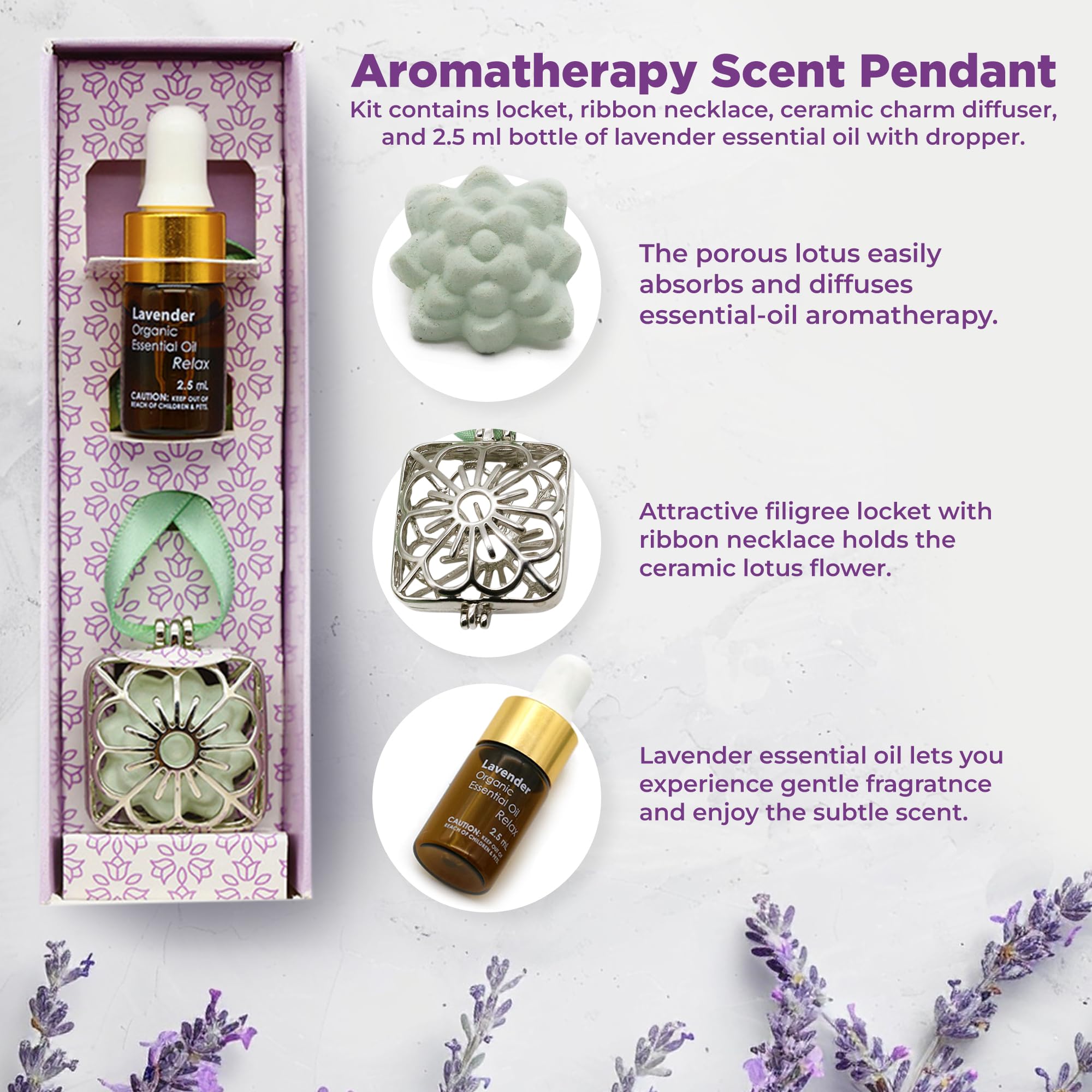 Handmade Ceramic Lotus Flower Aromatherapy Pendant - Essential Oil Diffuser Necklace for Stress Relief & Relaxation - Perfect for Car, Closet, Office & Small Spaces - Includes Lavender Essential Oil with Dropper - Ideal for Yoga, Meditation & Travel