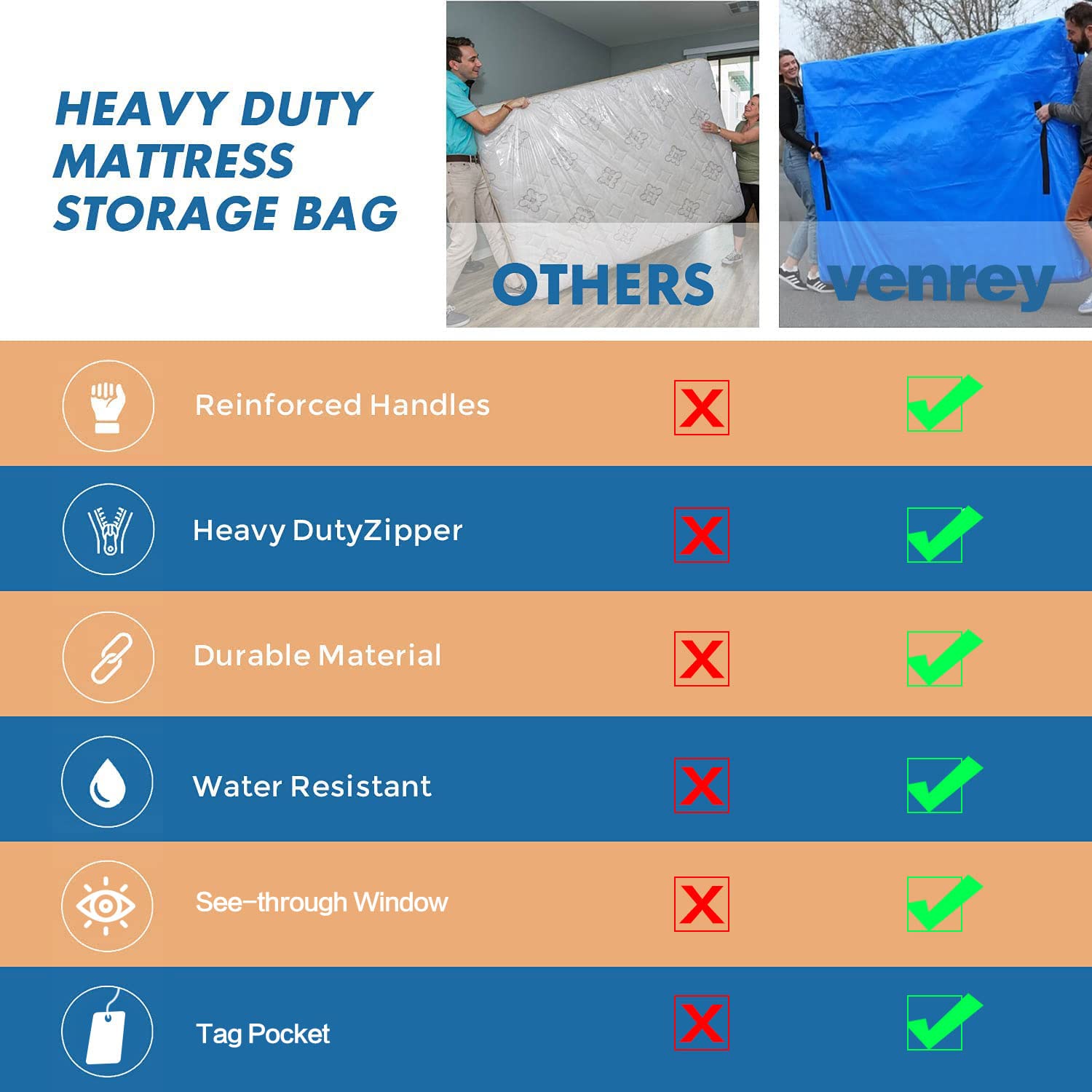 Queen Size Mattress Storage Bag - Heavy Duty Reusable Waterproof Mattress Cover with Handles for Moving & Long Term Storage (82