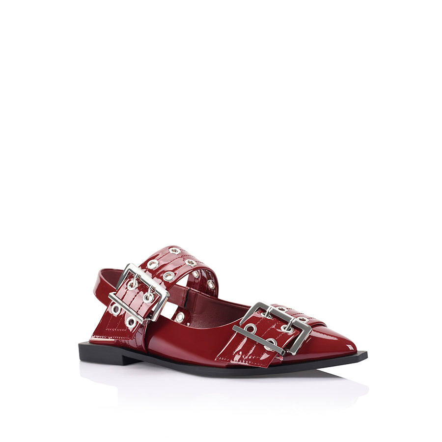 Clea Slingback Buckle Flats - Women's Comfortable Wine Red Patent Leather Ballet Shoes for Work, Office & Casual Wear