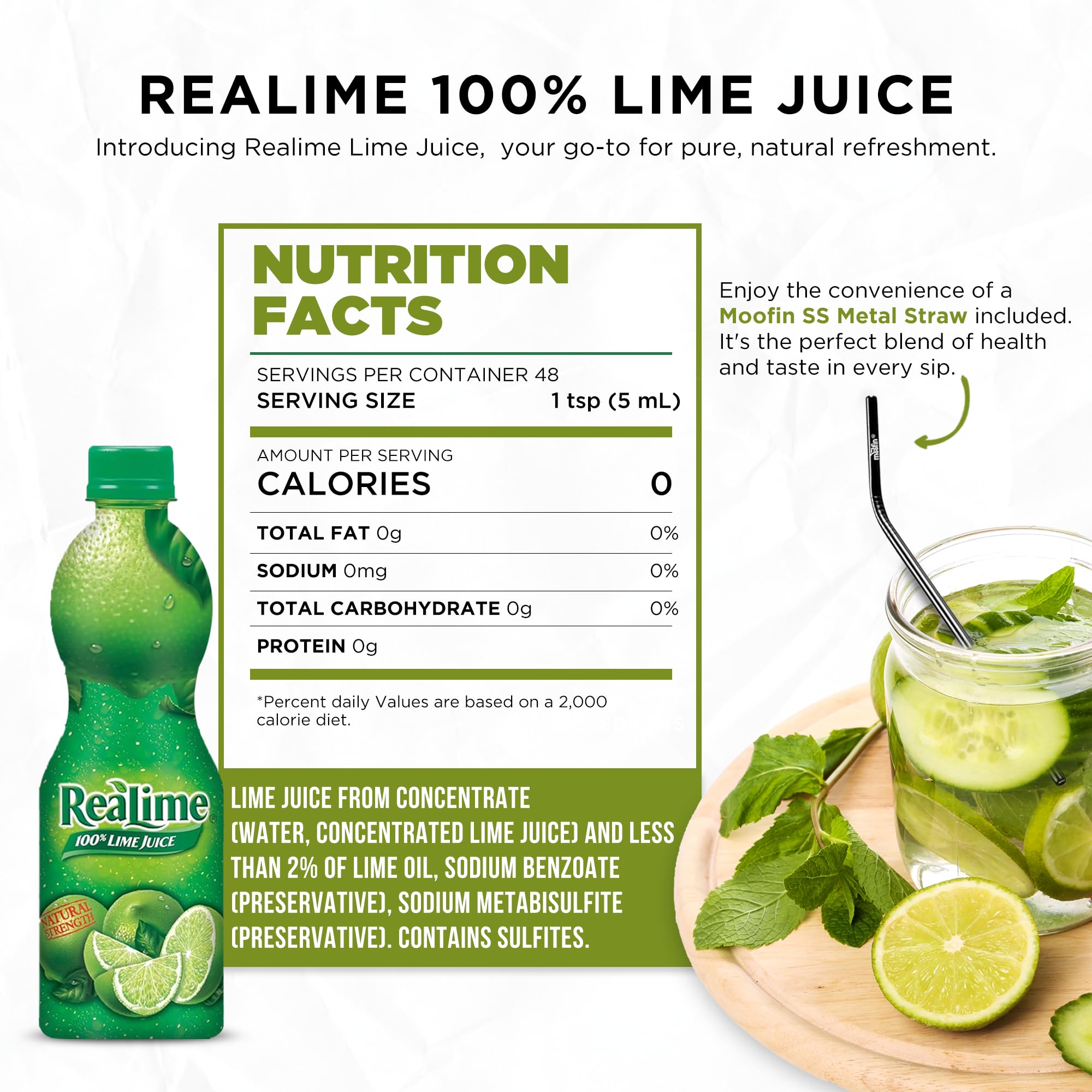 Organic Lime Juice 8 Fl Oz - 100% Natural Fresh Lime Juice for Cocktails, Cooking & Healthy Snacks | No Artificial Flavors | Includes Moofin SS Metal Straw | Perfect for Margaritas, Salad Dressings & Hydration (Pack of 3)