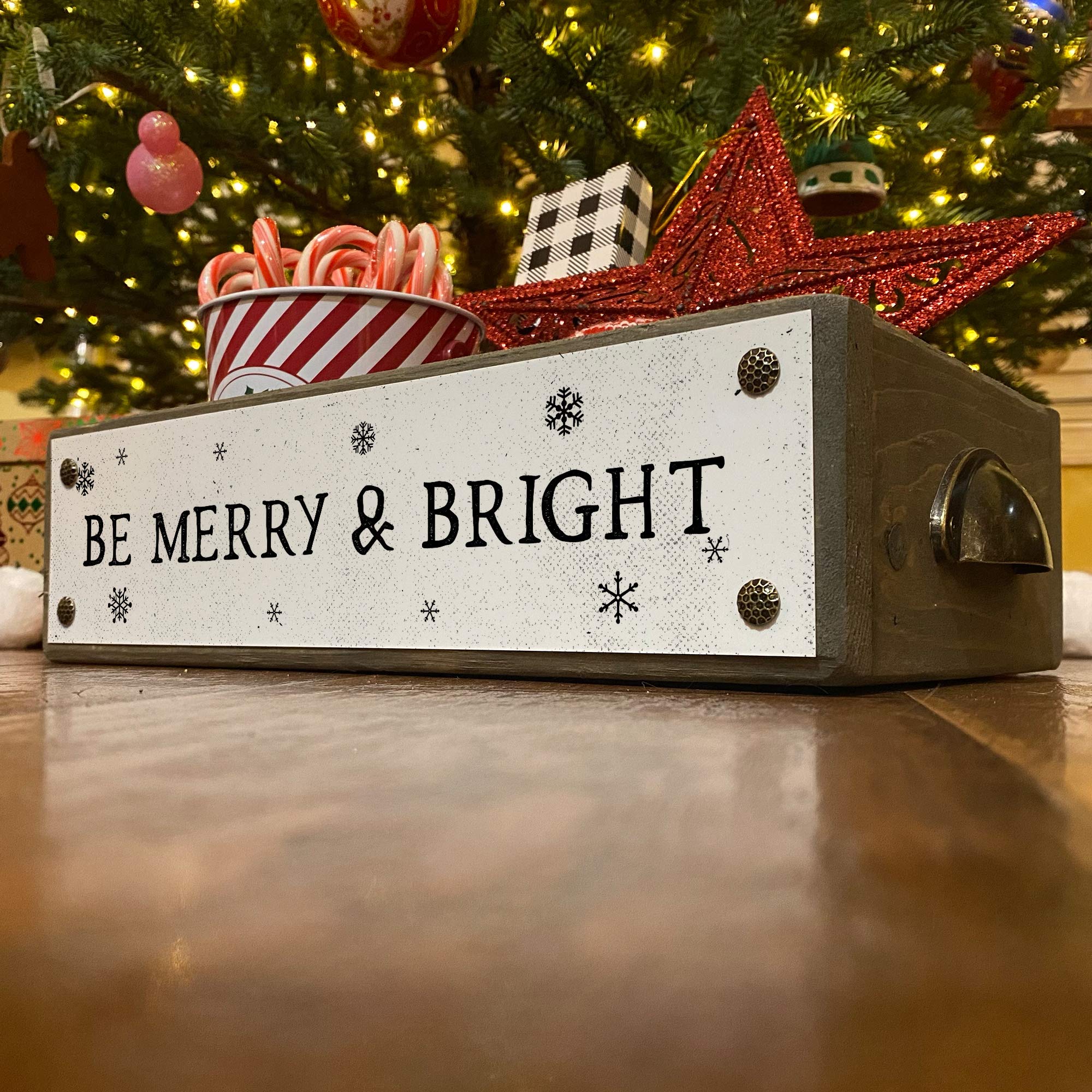 ANVEVO Be Merry And Bright Christmas Wooden Decor Box - Rustic Farmhouse Storage Caddy with Funny Sayings - Holiday Home Décor for Living Room, Mantel & Gift Giving