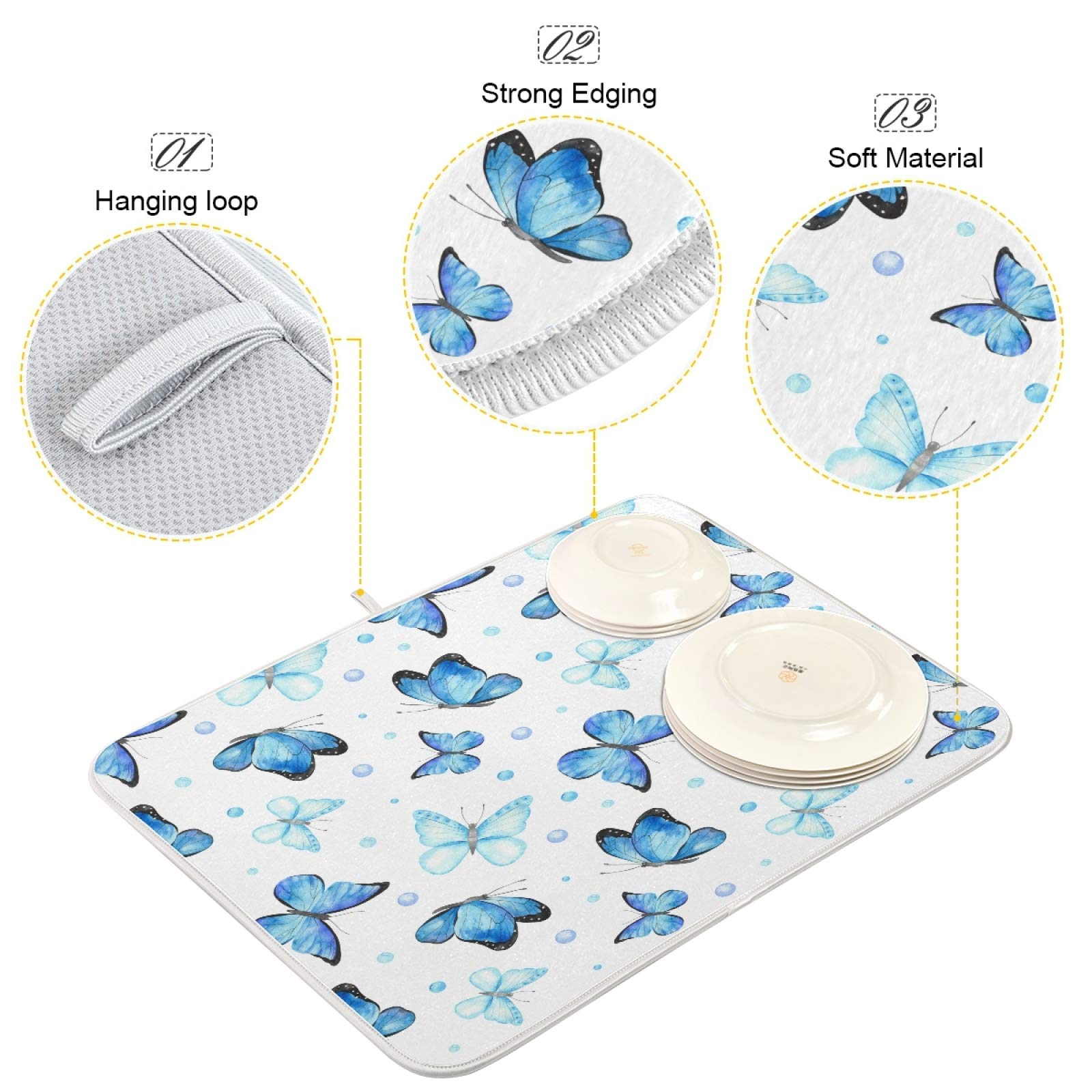 Butterfly Dish Drying Mat 16x18 - Absorbent Kitchen Counter Mat for Dishes | Perfect for Spring & Summer Decor