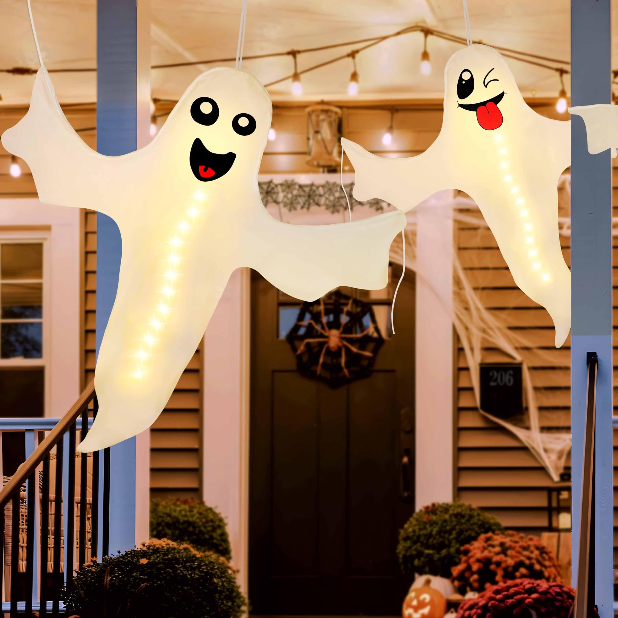 2PCS Geefuun Halloween Ghost Lighted Hanging Decorations - Outdoor Spooky Party Supplies, Battery-Operated Tree Decor for Halloween, Garden, Yard, and Haunted House Themes (Batteries Not Included) | Perfect for Halloween Parties, Porch Decorations, and Haunted Trail Displays