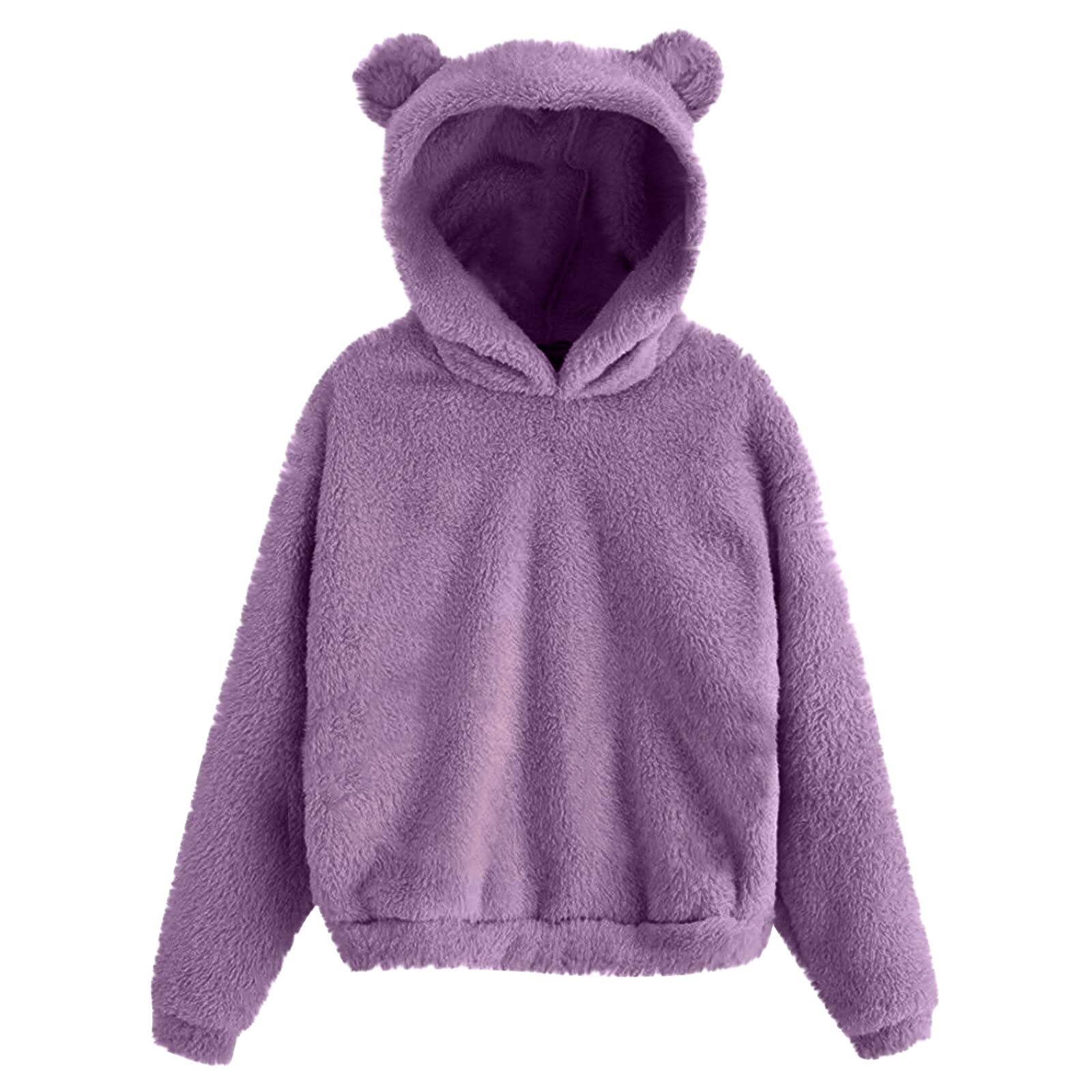 Women's Cozy Fleece Pullover Hoodie with Bear Design & Pocket - Soft Fuzzy Long Sleeve Sweatshirt for Winter Warmth - Perfect for Casual Outfits, Outdoor Activities & Lounge Wear