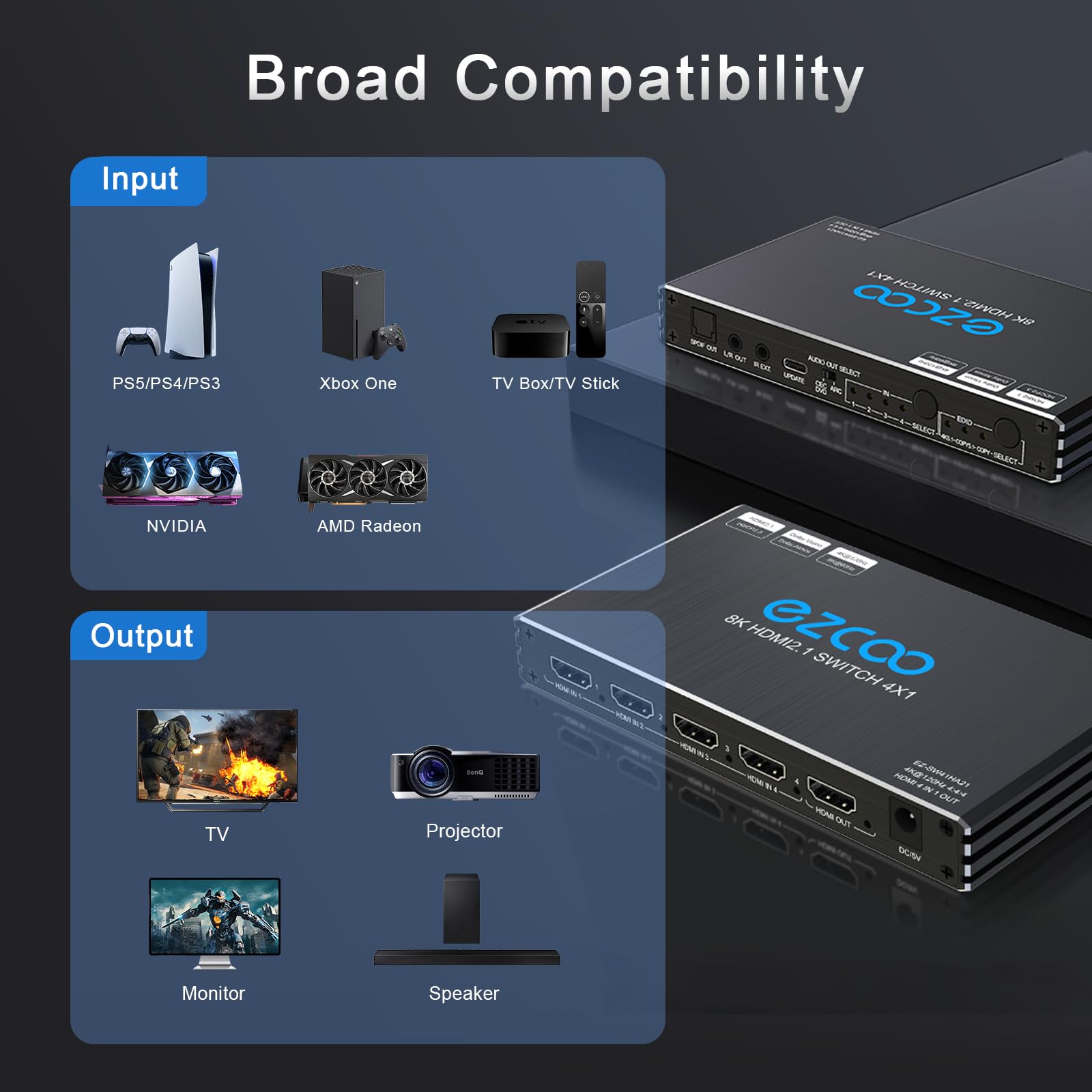 4K@120Hz HDMI 2.1 Switch 4 in 1 Out with Audio Extractor & IR Remote - HDCP 2.3, ARC, CEC, VRR, ALLM - Supports HDR10, 3D, Dolby Atmos - Compatible with TV, PS5, Xbox, Fire Stick, Blu-ray, Projector for Home Theater & Gaming Setup
