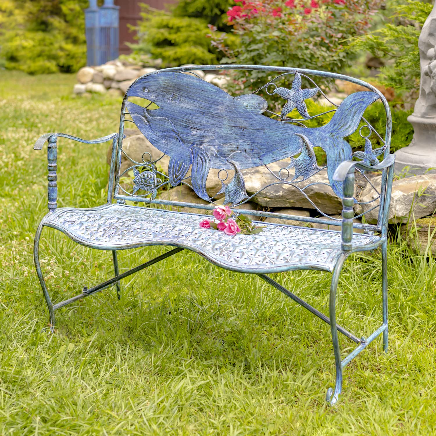 Coastal Blue Metal Outdoor Furniture Set - Modern Bench & Whale Decor for Patio, Garden, Beach House | Durable Weather-Resistant Design for Backyard, Poolside & Seaside Relaxation