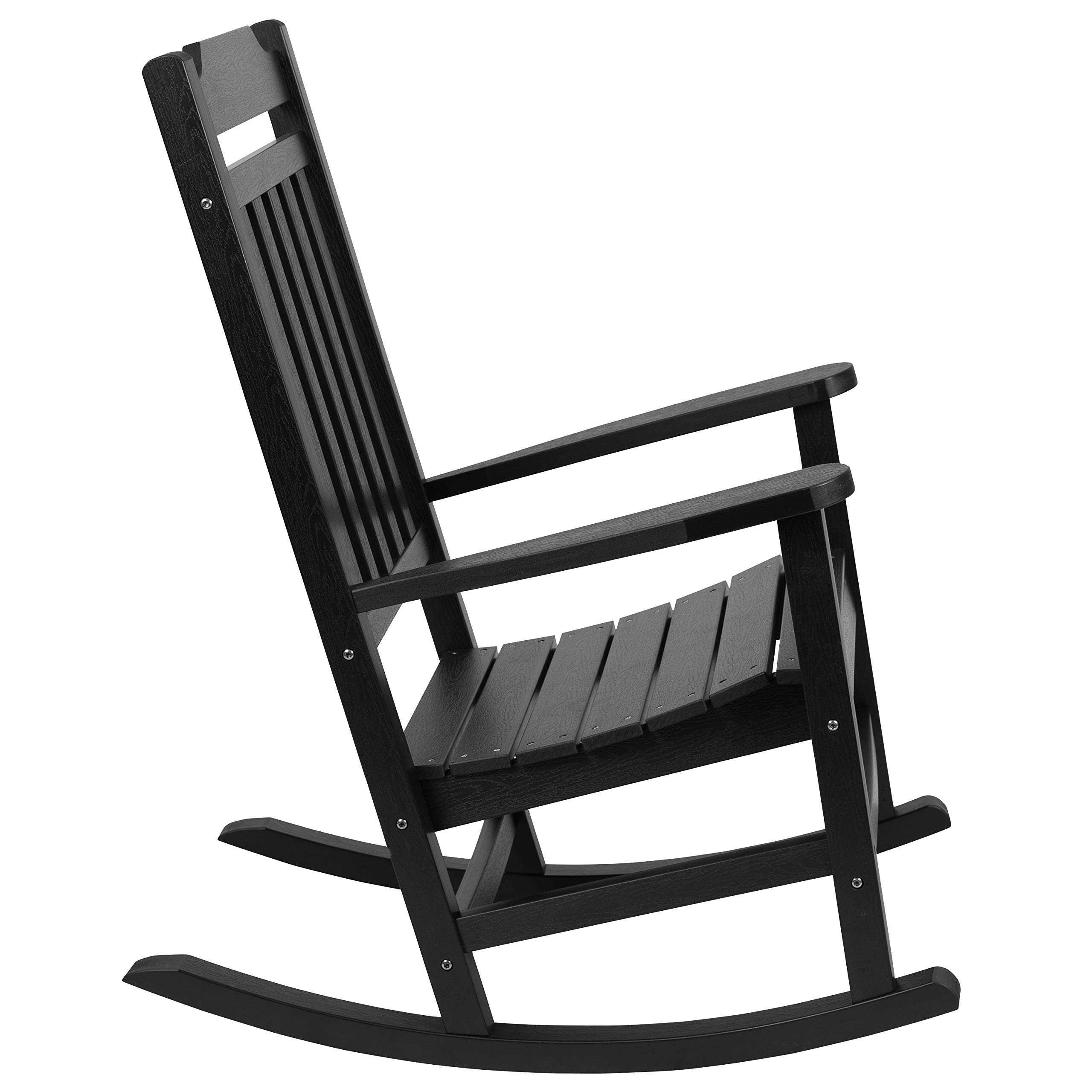 EMMA + OLIVER Set of 2 All-Weather Rocking Chairs - Black Poly Resin Faux Wood Outdoor Furniture for Patio, Garden, Deck & Backyard Relaxation