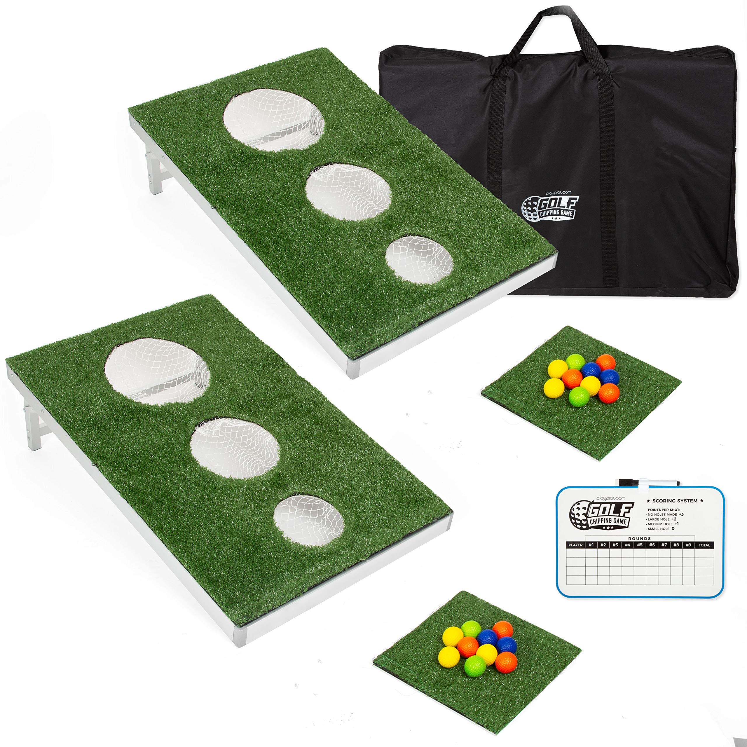 Play Platoon Golf Cornhole Game Set - Portable Backyard Golf Chipping Practice with 20 Foam Balls, Chip Mat, Carry Case & Scoreboard | Perfect for Outdoor Parties, Tailgating, and Family Fun