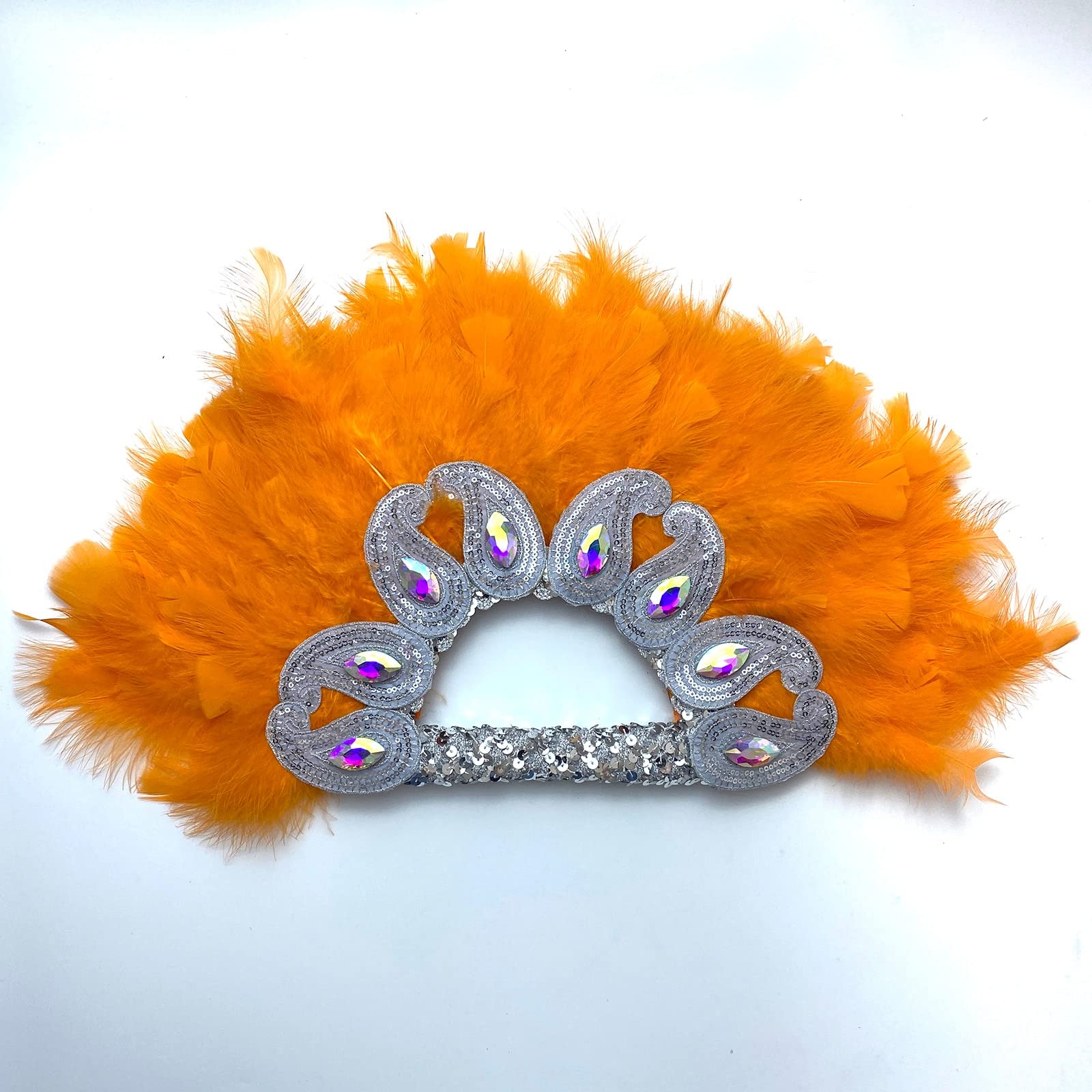 Handmade Nigerian Feather Fan for Weddings & Events - African Turkey Feather Hand Fan with Sequined Flower - Perfect for Dances, Decorations & Bridal Accessories - White (1pc)