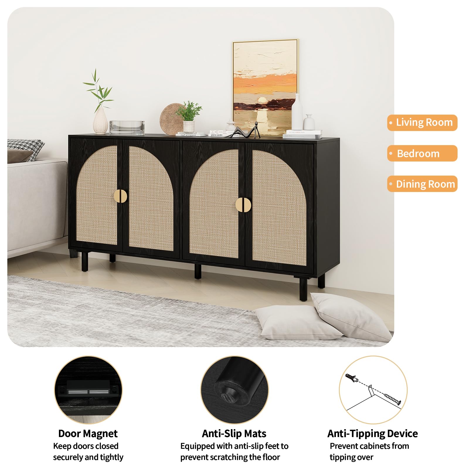 Modern Rattan Sideboard Buffet Cabinet with 4 Doors & 2 Adjustable Shelves - Stylish Boho Storage Console for Living Room, Kitchen, Dining Room - Perfect for Organizing Dishes, Linens & Home Decor (Black)