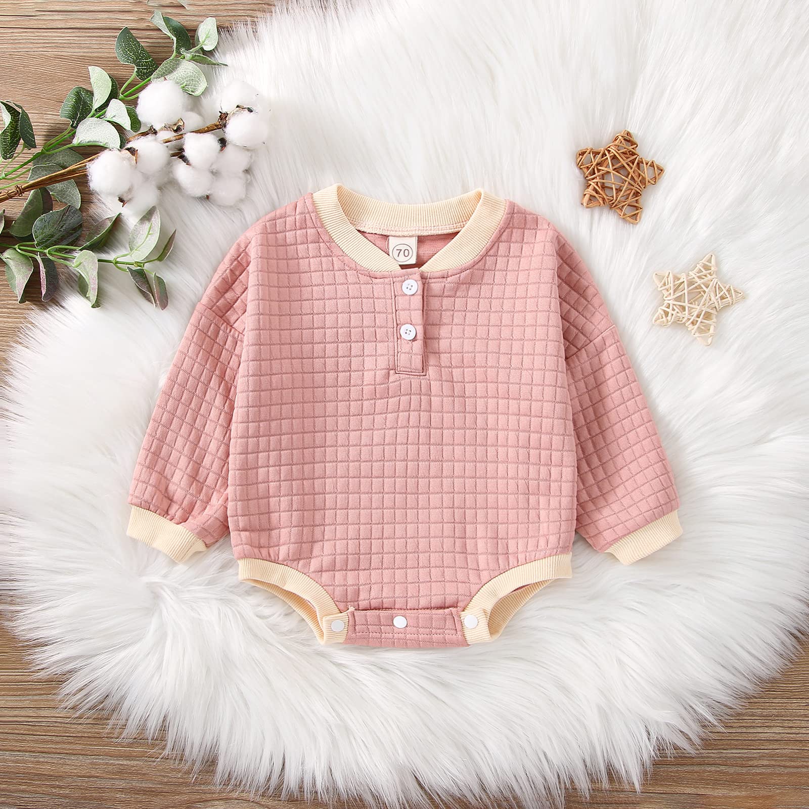 Emmababy Baby Boy & Girl Long Sleeve Romper - Soft Waffle Knit Jumpsuit with Button Front, Oversized Sweater Style for Infants | Perfect for Fall Outfits, Playdates & Family Photos