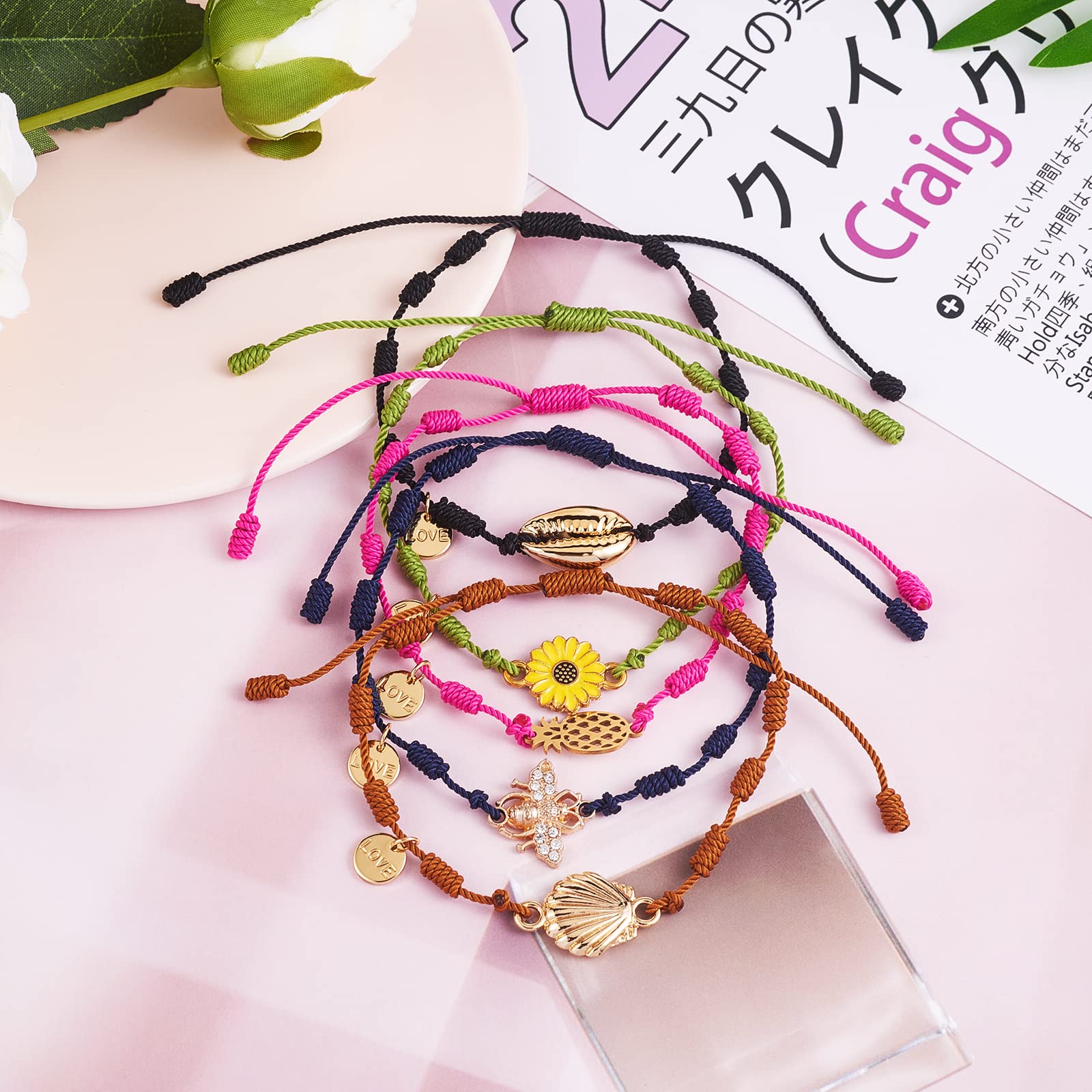 Ornaland 5-Piece Braided Knot Bracelets Set - Natural Shell Flower, Pineapple & Bee Charms with Love Word Disc - Boho Beach Jewelry for Women | Perfect for Summer Outfits, Gifts & Layered Bracelet Stacks