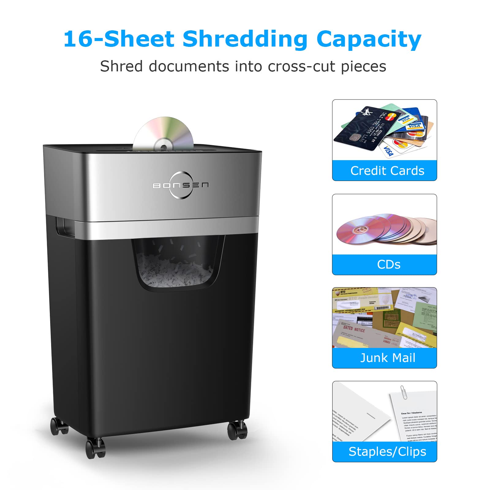 BONSEN 16-Sheet Heavy Duty Cross-Cut Paper Shredder for Office & Home Use - 60-Minute Continuous Run Time, 60dB Low Noise, 5.3-Gallon Pull-Out Bin, Anti-Jam Technology - Perfect for Confidential Document Destruction & CD Shredding (Model S3102)