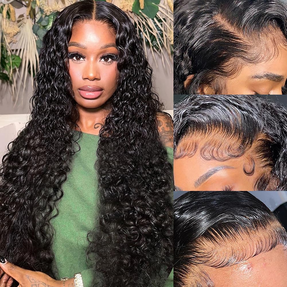 22 Inch Deep Wave Lace Front Wig Human Hair 200% Density 13x4 HD Curly Lace Frontal Glueless Wig for Women - Pre Plucked Natural Black Color for Daily Wear, Parties & Special Occasions