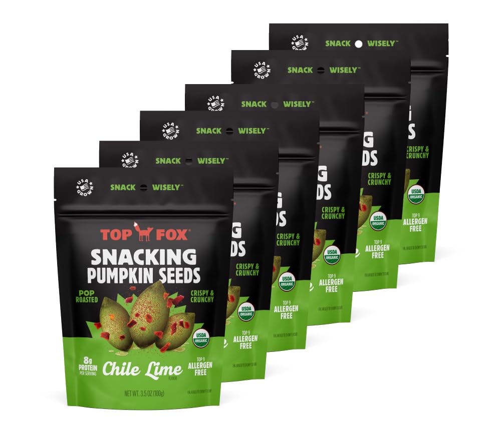 Organic Pop-Roasted Pumpkin Seeds by Top Fox Snacks - Healthy Protein Snacks, Gluten Free, Keto & Vegan Friendly (Chile Lime Flavor, 3.5oz - 6 Pack) - Perfect for On-the-Go Snacking, Workout Fuel & Keto Diet