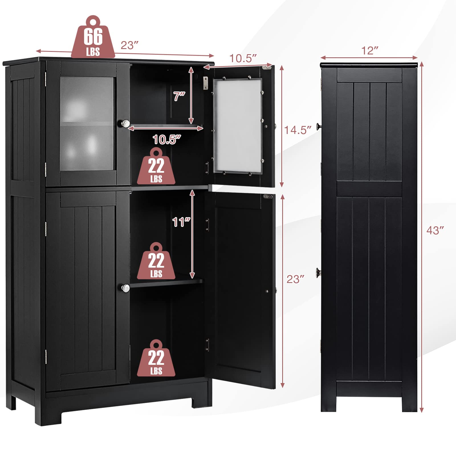 Tangkula Freestanding Bathroom Floor Cabinet with Glass Doors - Adjustable Shelf Wood Storage Cabinet for Bathroom, Kitchen, Hallway, Living Room & Office - Perfect for Organizing Towels, Toiletries & Home Decor (Black)