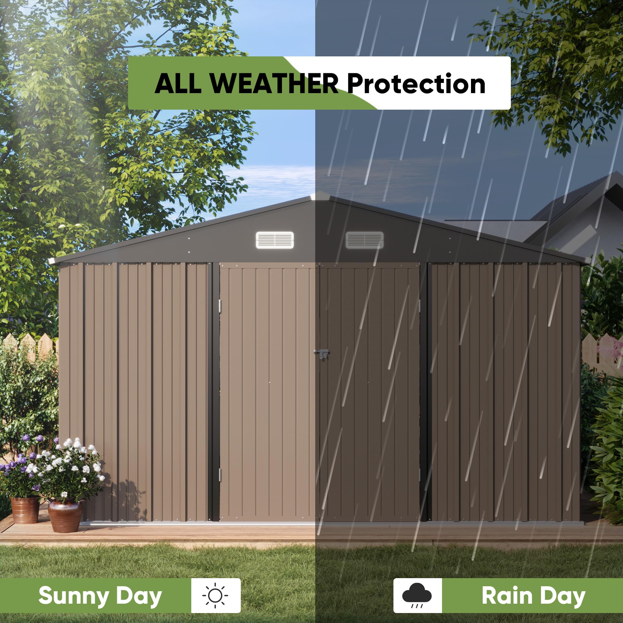 Patiowell 10x10 FT Outdoor Metal Storage Shed with Lockable Doors - Heavy Duty Utility & Tool Shed for Garden, Patio, Backyard - Weather Resistant Brown Steel Shed for Outdoor Equipment, Lawn Mower & Gardening Tools Storage