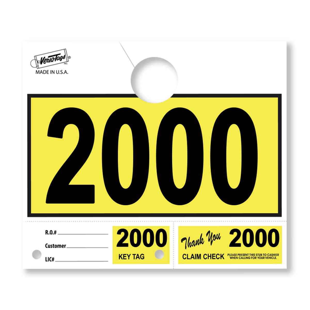 Versa-Tags 1000 Yellow Car Dealer Service Hang Tags with 3-Part Key Ring (2000-2999) - Durable Dispatch Number Tags for Auto Repair Shops & Mechanics | Perfect for Vehicle Service Tracking & Key Organization