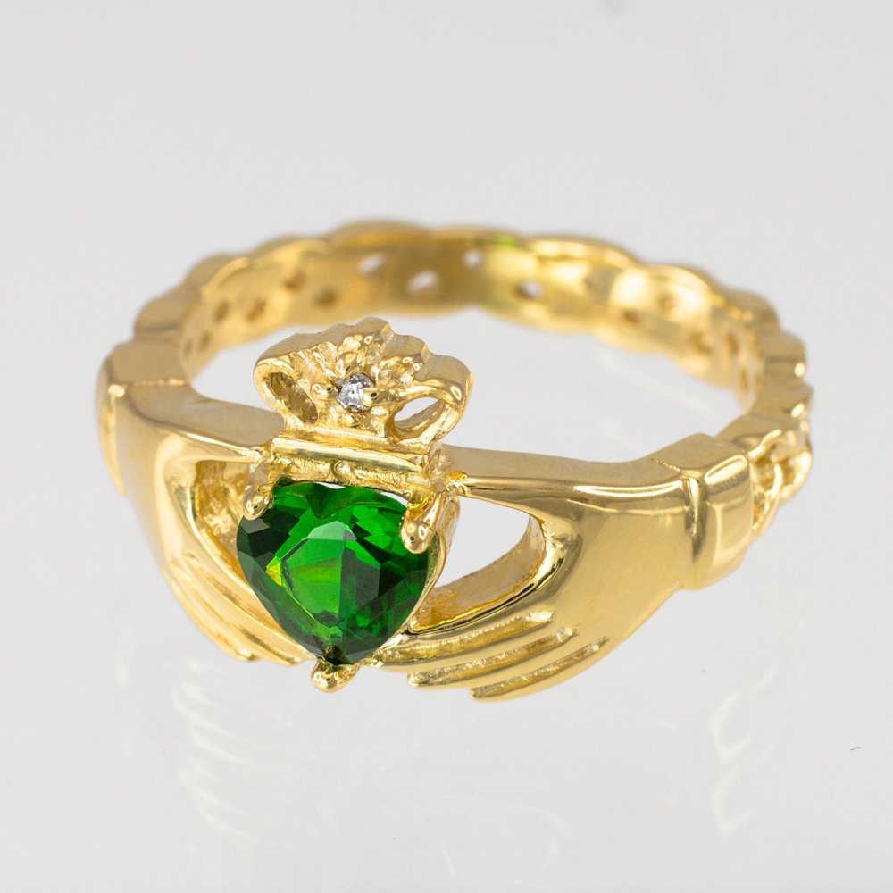 10K Solid Yellow Gold Personalized CZ Heart Diamond Crown Birthstone Claddagh Ring - Perfect for Birthdays, Anniversaries & Irish Heritage Celebrations