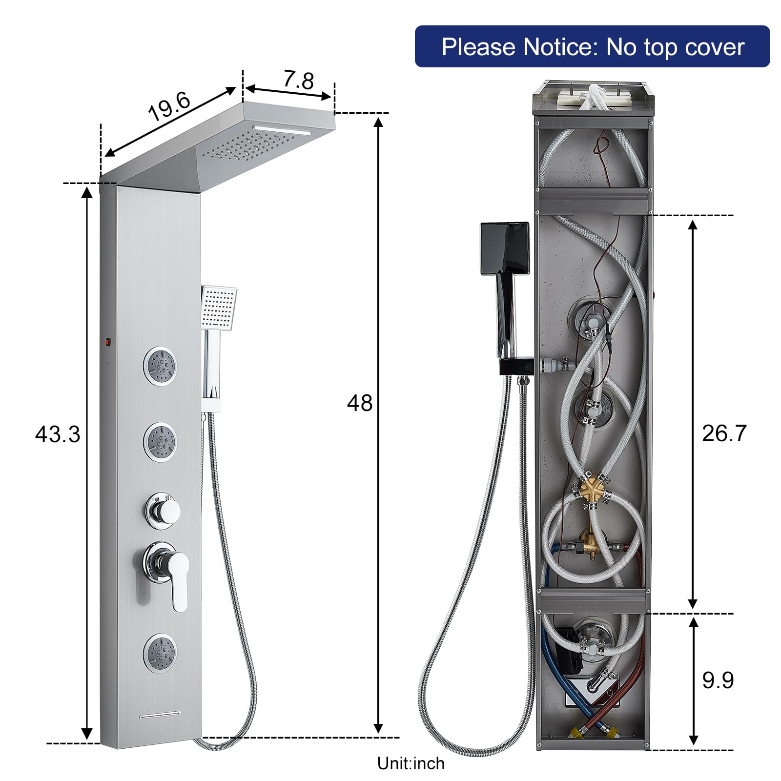ROVATE 5-in-1 Brushed Stainless Steel LED Shower Panel Tower System - Rainfall, Waterfall, Massage Jets & Handheld Shower Combo - High Pressure Bathroom Upgrade for Spa-Like Experience