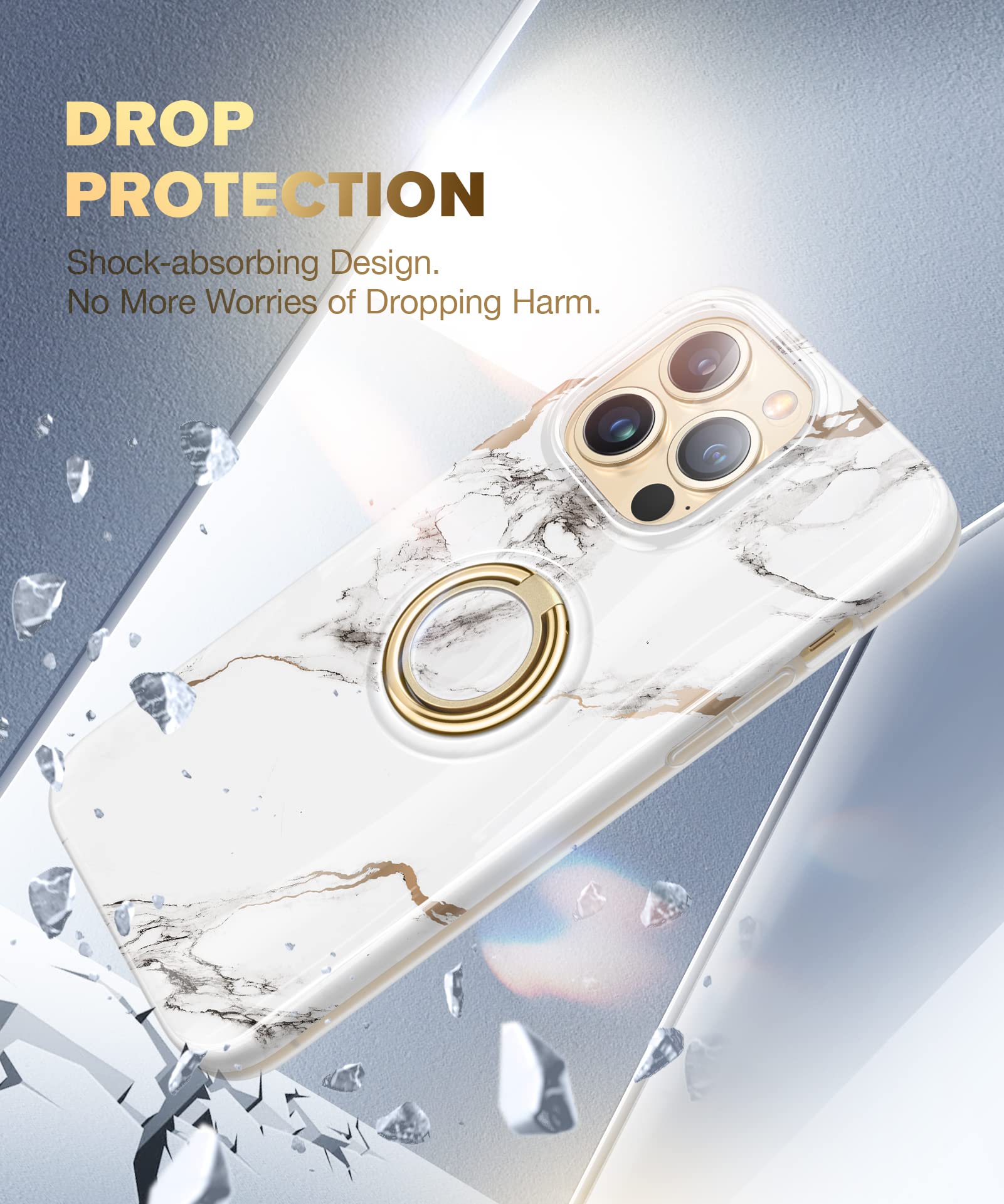 GVIEWIN iPhone 13 Pro Case 6.1 Inch (2021) - 360° Rotatable Ring Holder & Kickstand, Slim Shockproof TPU Protective Cover with Marble Design (White/Gold) - Perfect for Work, Travel, and Everyday Protection