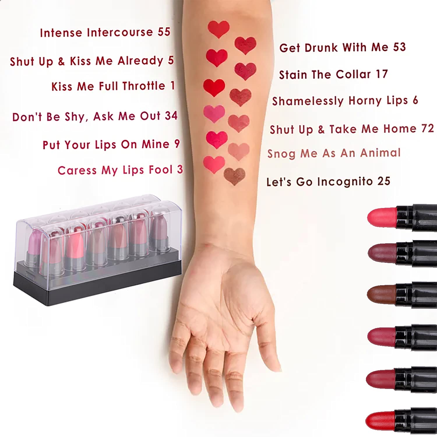 PINNER Perish Look Mini Pocket Lipstick Set - 12 Vibrant Shades (Red, Magenta, Mauve, Purple, Peach, Cherry, Nude, Maroon, Brown, Pink, Disco Orange, Chocolate) 17.5g | Travel-Friendly Makeup for Everyday Wear, Parties & Special Occasions