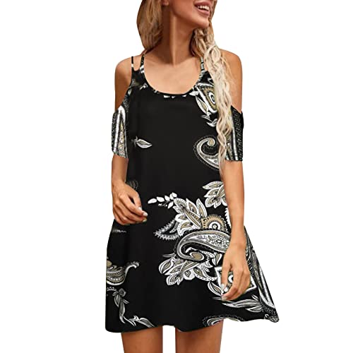 Women's Floral Print Black Shift Dress - Off Shoulder Short Sleeve Summer Casual Dress with Hollow Out O-Neck Design (Black, XL) | Perfect for Beach Vacations, Date Nights & Summer Parties