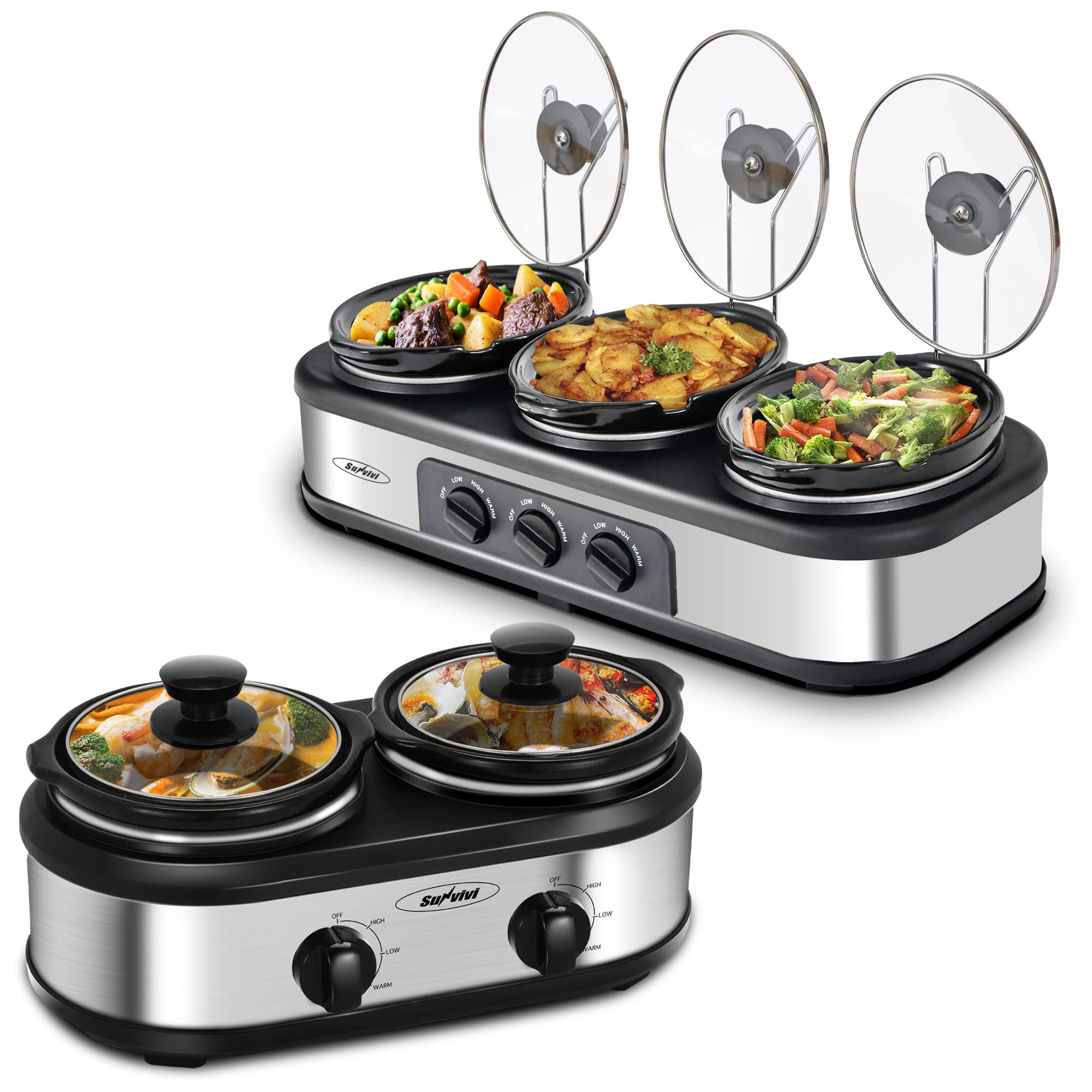 Dual & Triple Slow Cooker Buffet Server - 3-Pot Food Warmer with Adjustable Temperature & Stainless Steel Lid Rests - Perfect for Parties, Catering & Family Gatherings