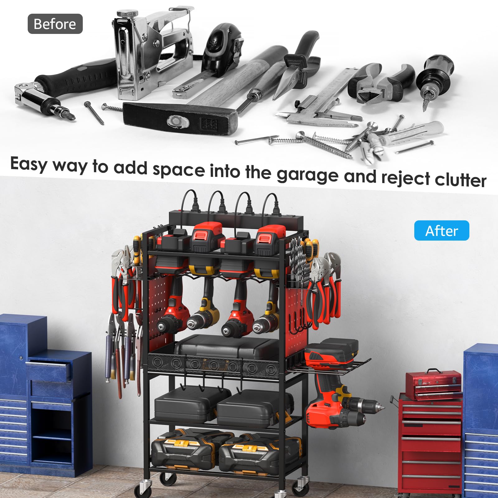 CCCEI Heavy-Duty Rolling Tool Cart with Charging Station - Mobile Garage Storage Organizer for Power Tools, Drills & Batteries - Utility Cart with Power Strip & Wheels for Mechanics & DIY Projects - Perfect for Workshop, Garage & Job Site Organization (Red)
