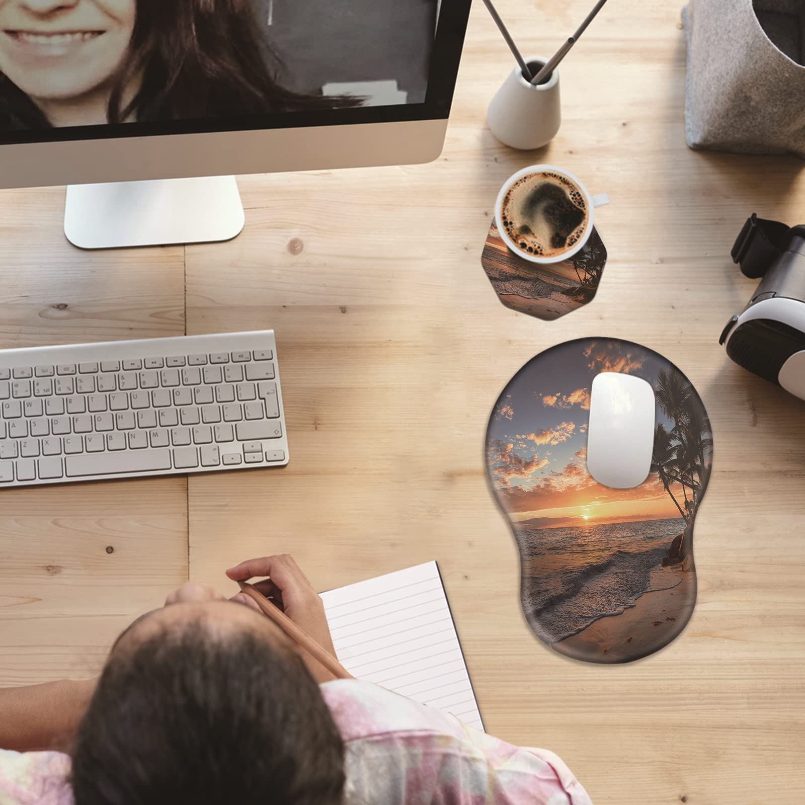 Ergonomic Mouse Pad with Wrist Rest - Thick Comfort Gel Support for Carpal Tunnel Pain Relief, Non-Slip PU Base Computer Mousepad for Wireless Mouse, Sunset Beach Design - Perfect for Office, Gaming & Home Workspace