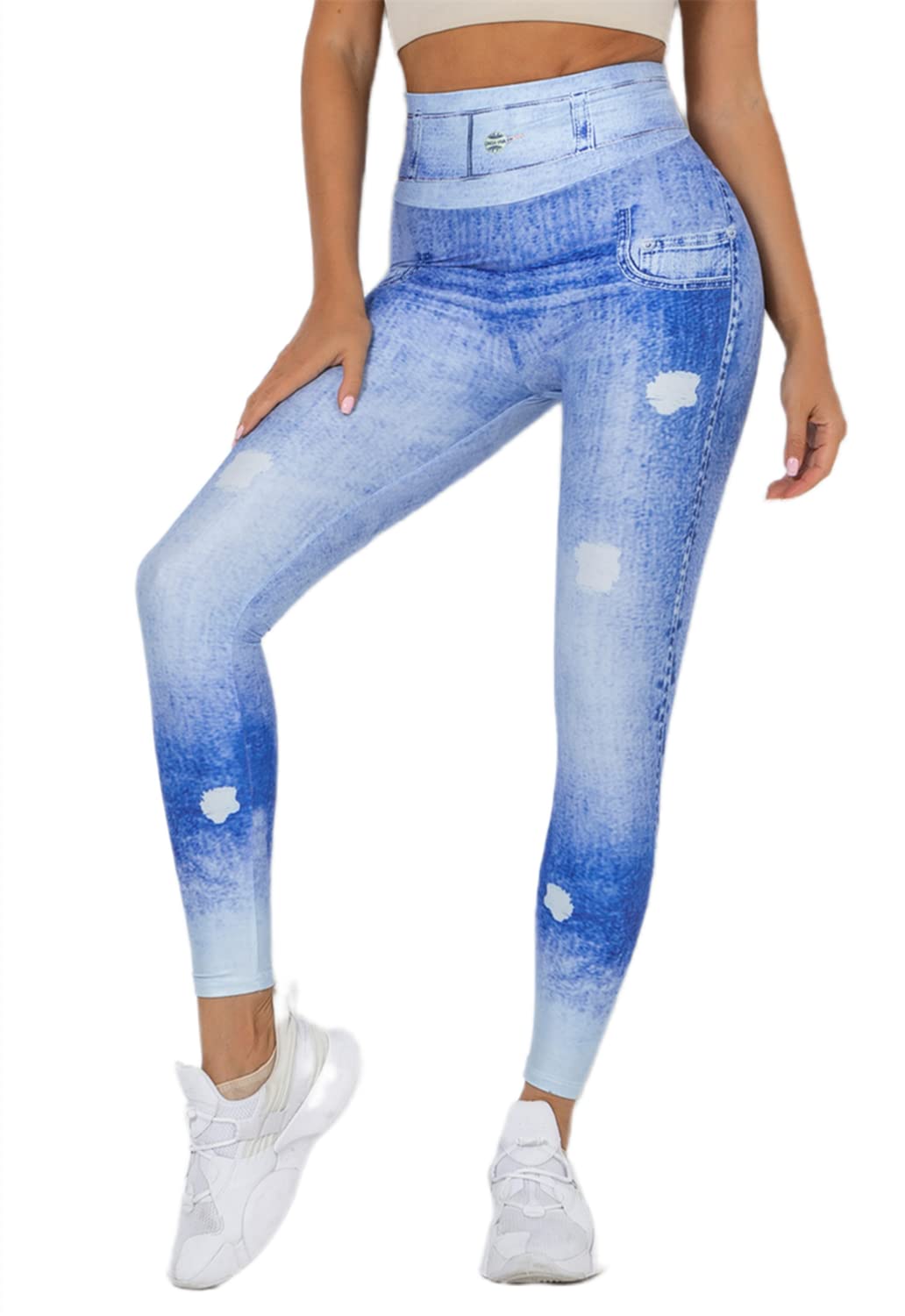 SIAOMA Women's High Waisted Denim Printed Yoga Pants - Stretchy Jean Look Jeggings & Leggings for Workout, Lounge & Casual Wear