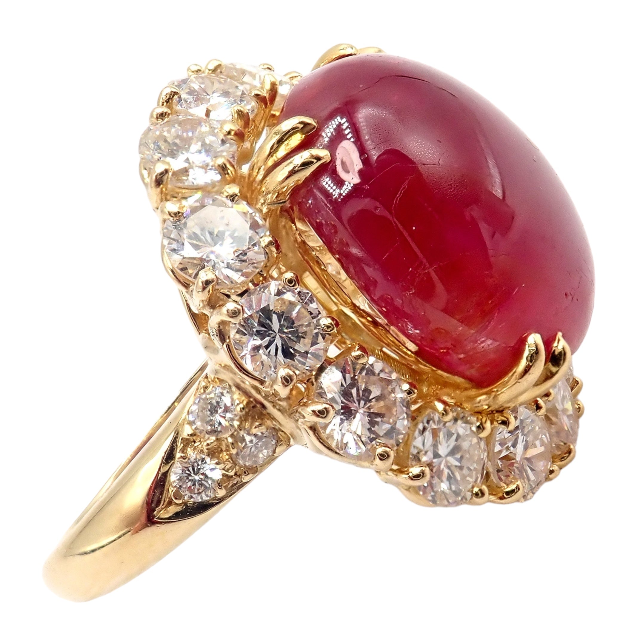 Authentic Van Cleef & Arpels 18k Yellow Gold Large Cabochon Ruby Diamond Ring for Women - Luxury Jewelry Gift for Anniversary, Engagement & Special Occasions