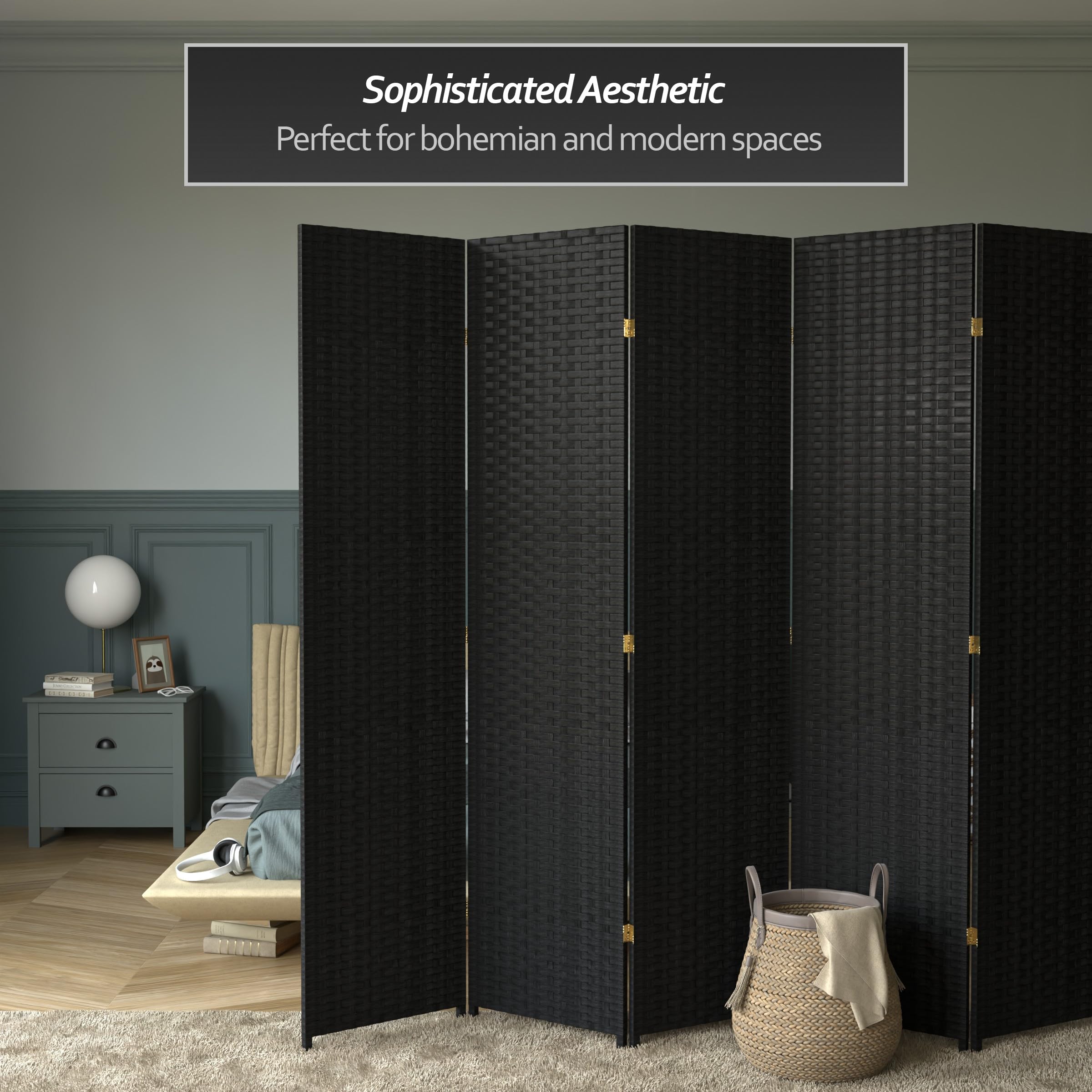 7 ft. Tall Red Lantern Woven Fiber Black 6-Panel Room Divider - Perfect for Home Decor, Office Partition & Asian-Themed Events