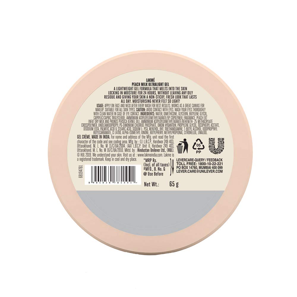 LAKMÉ Peach Milk Ultra Light Gel 50g - Hydrating Face Moisturizer for Dry & Sensitive Skin | Day & Night Cream for Soft, Glowing Complexion | Perfect for Daily Skincare Routine