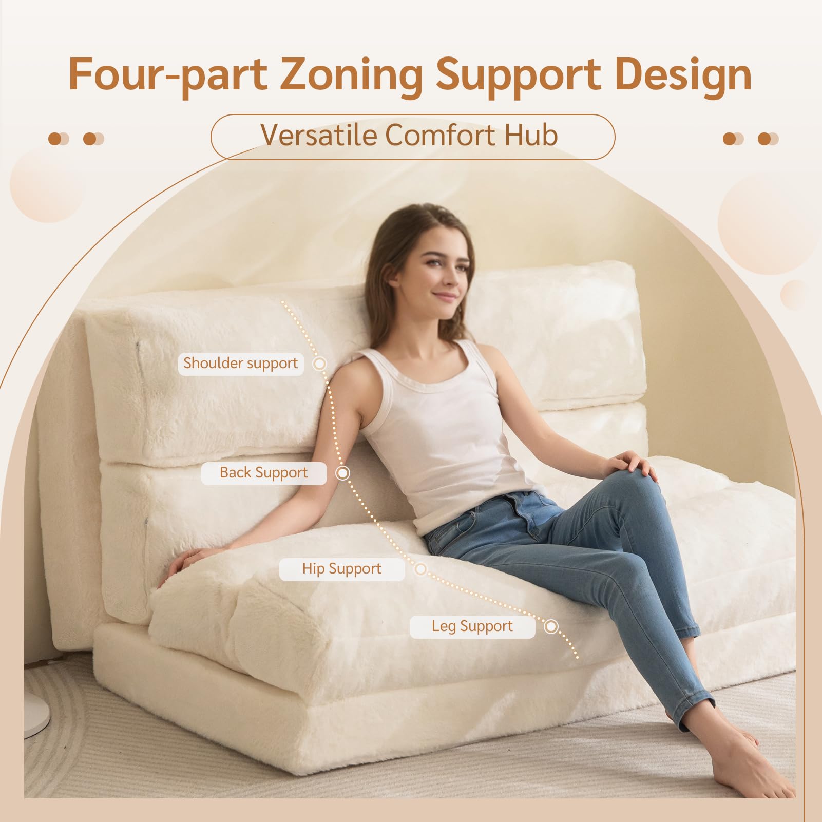 MAXYOYO Extra Wide Bean Bag Bed - Foldable Sofa Bed & Floor Mattress for Adults, Beige Floor Couch - Perfect for Living Room, Bedroom, Dorm & Guest Room