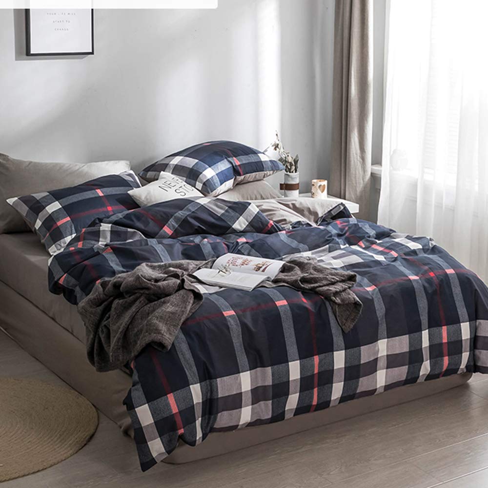 King Size Navy Blue Plaid Comforter Set - Lightweight Buffalo Check Cotton Bedding with Red & White Grid Pattern | Super Soft Blue Checkered Duvet Cover for Men, Boys & Adults | Perfect for Bedroom, Dorm, Guest Room & Cozy Winter Nights