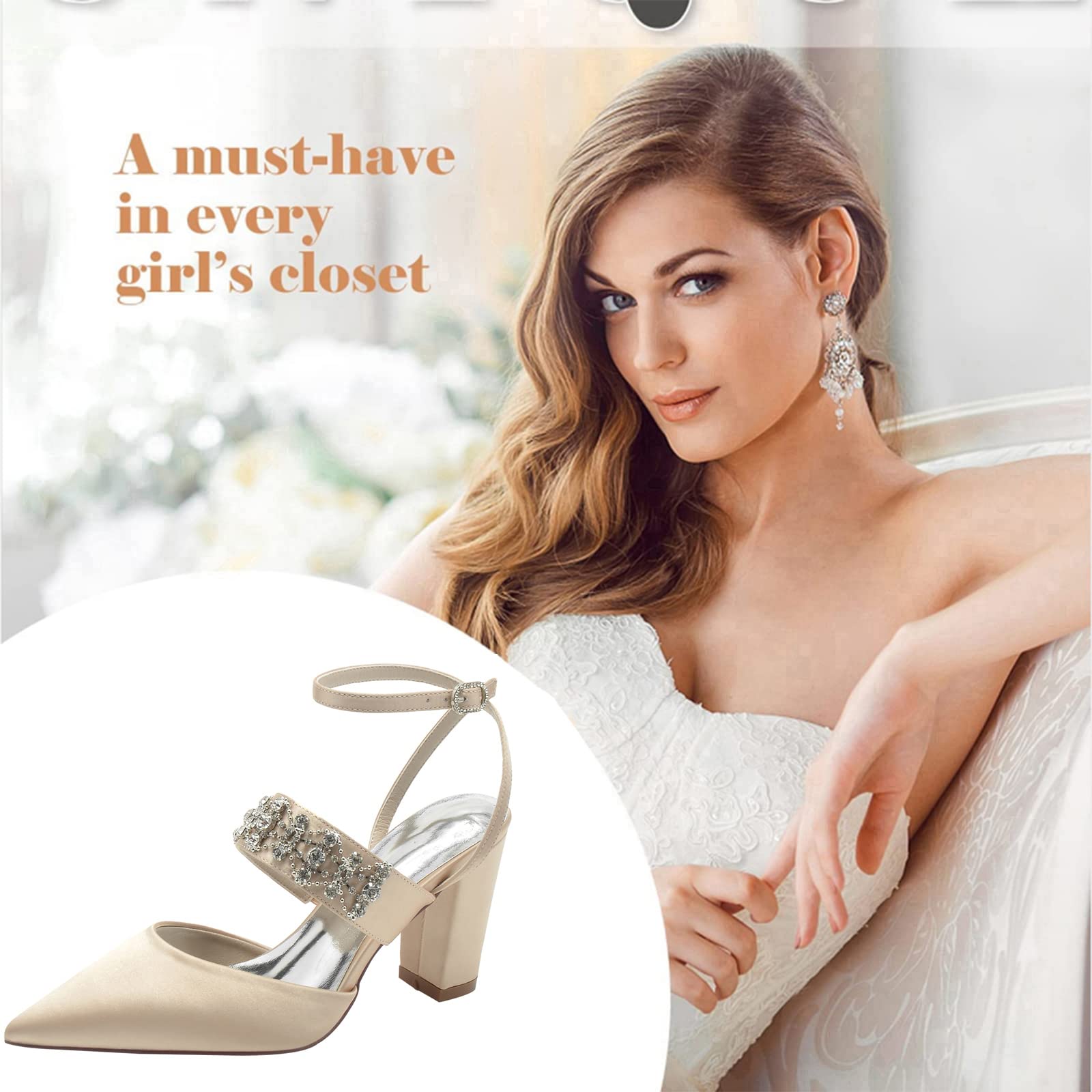TNXZ Women's Rhinestone Glitter Chunky Heel Mary Jane Pumps - Pointy Toe Ankle Strap Block Heels for Wedding, Party & Bride (Perfect for Prom, Evening Events & Special Occasions)