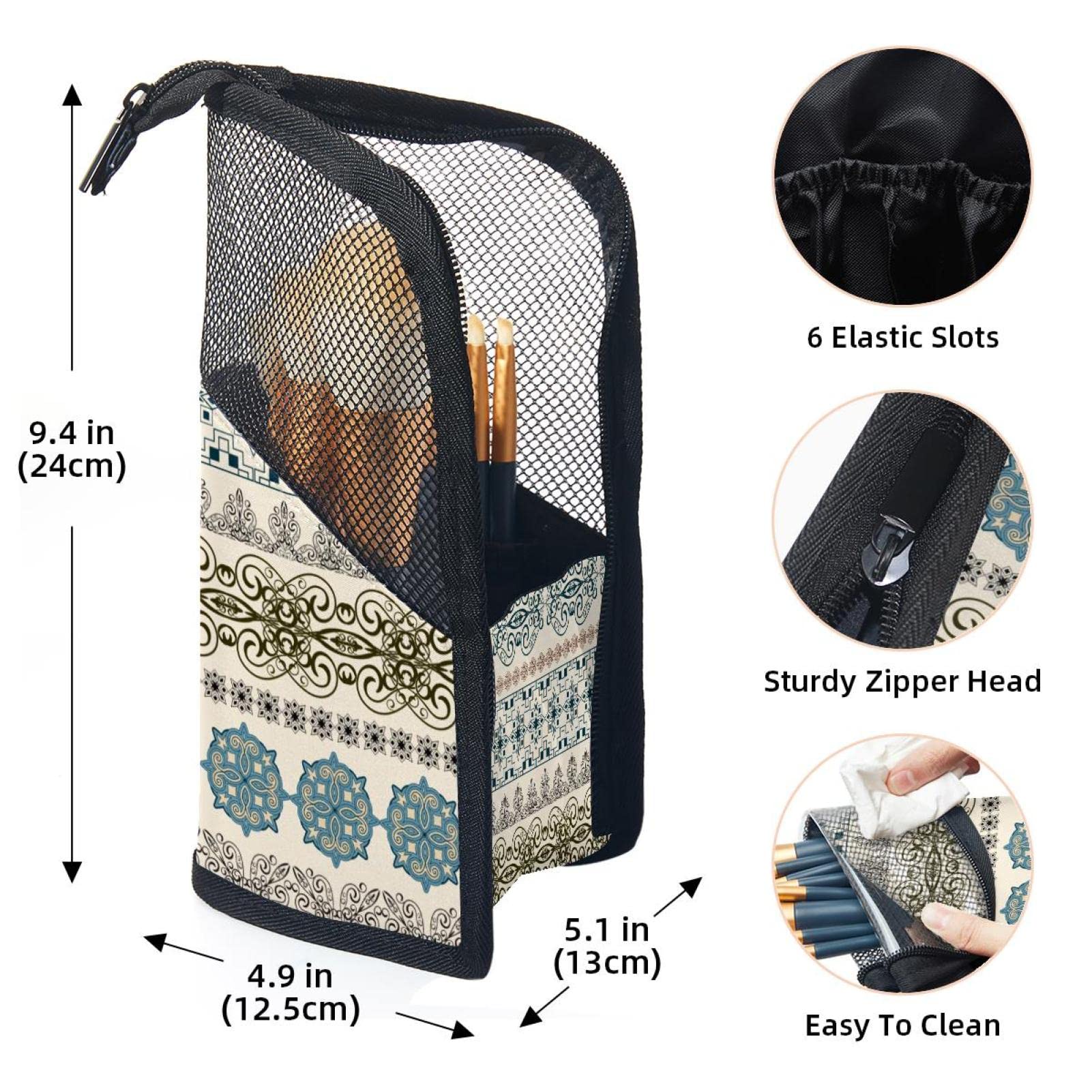 Boho Artistic Flower Ethnic Makeup Brush Organizer Bag with 12 Slots - Portable Waterproof Cosmetic Brush Holder Case for Travel & Home Vanity Organization